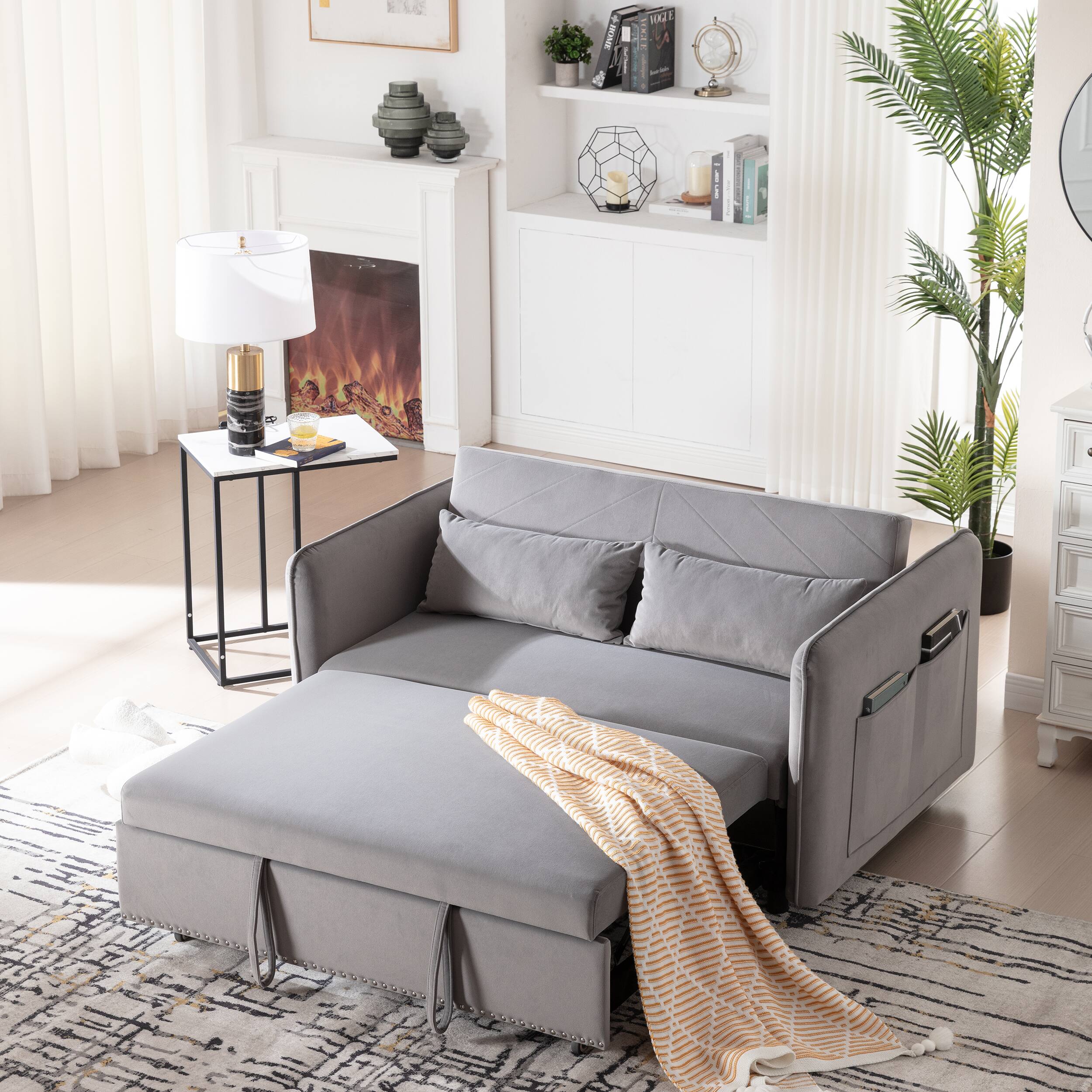 Alt View 4. Tiramisubest - 3 in 1 Convertible Sleeper Futon Sofa Bed,55" Velvet Loveseat with 2 Pillows,Reclining Backrest & Side Pockets,Gray - Grey.