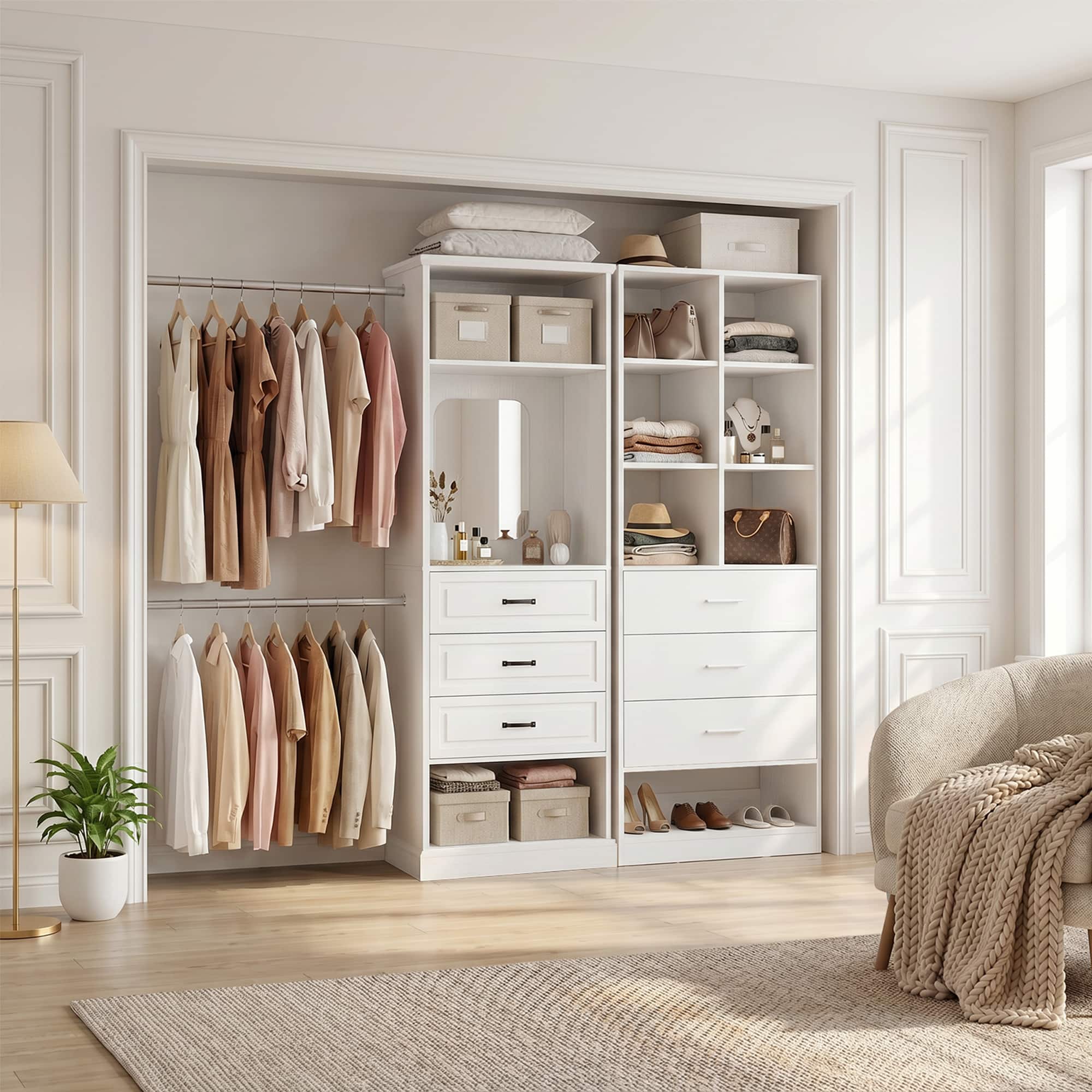 Aheaplus - 56'' - 120'' Wide Adjustable Closet System with Corner, Closet Storage System with 3 Drawers and 6 Hanging Rods - White price history on PriceWatchPro