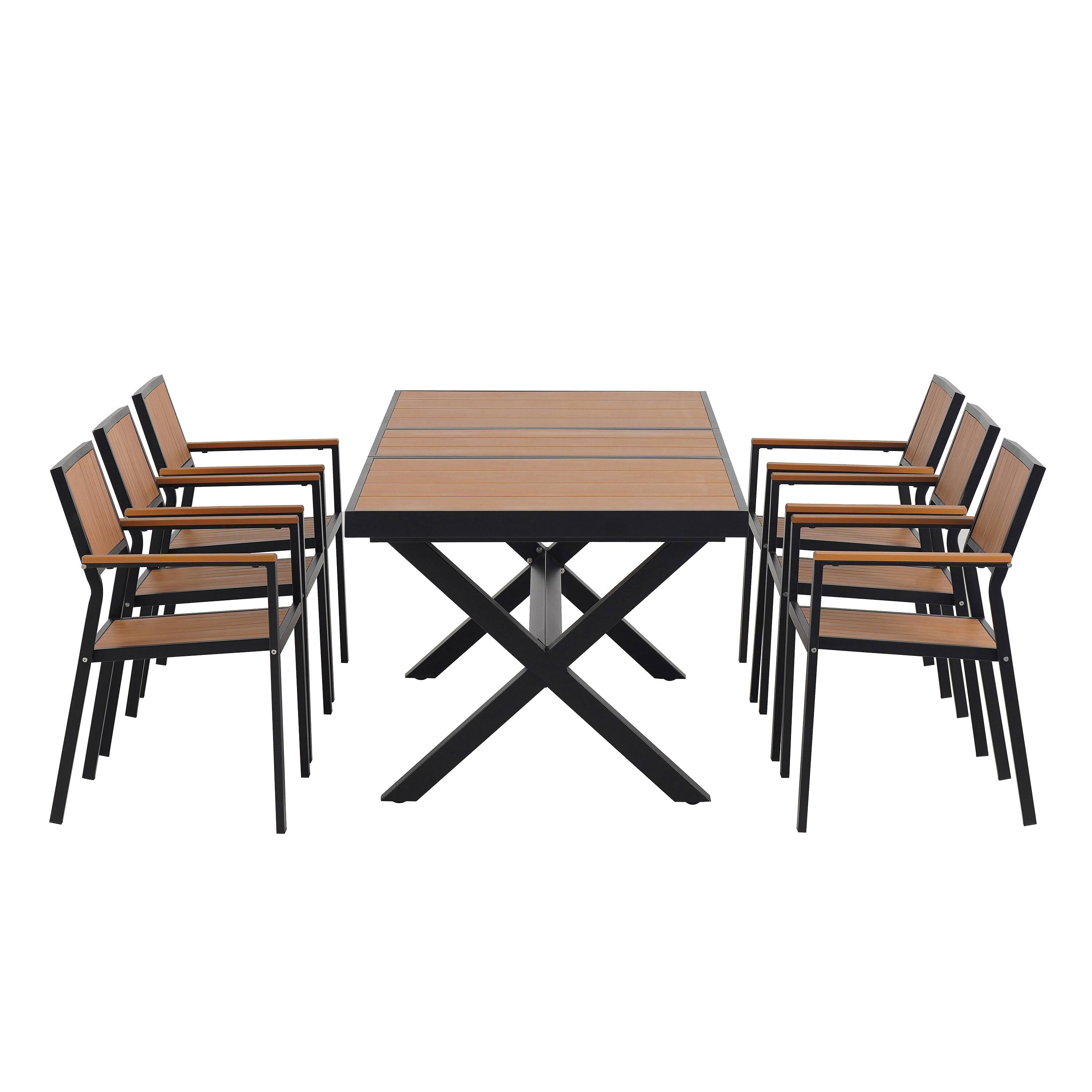 Alt View 1. Mondawe - 7-Piece Outdoor Dining Set with 6 Chairs and Extendable Table - Black+Natural.