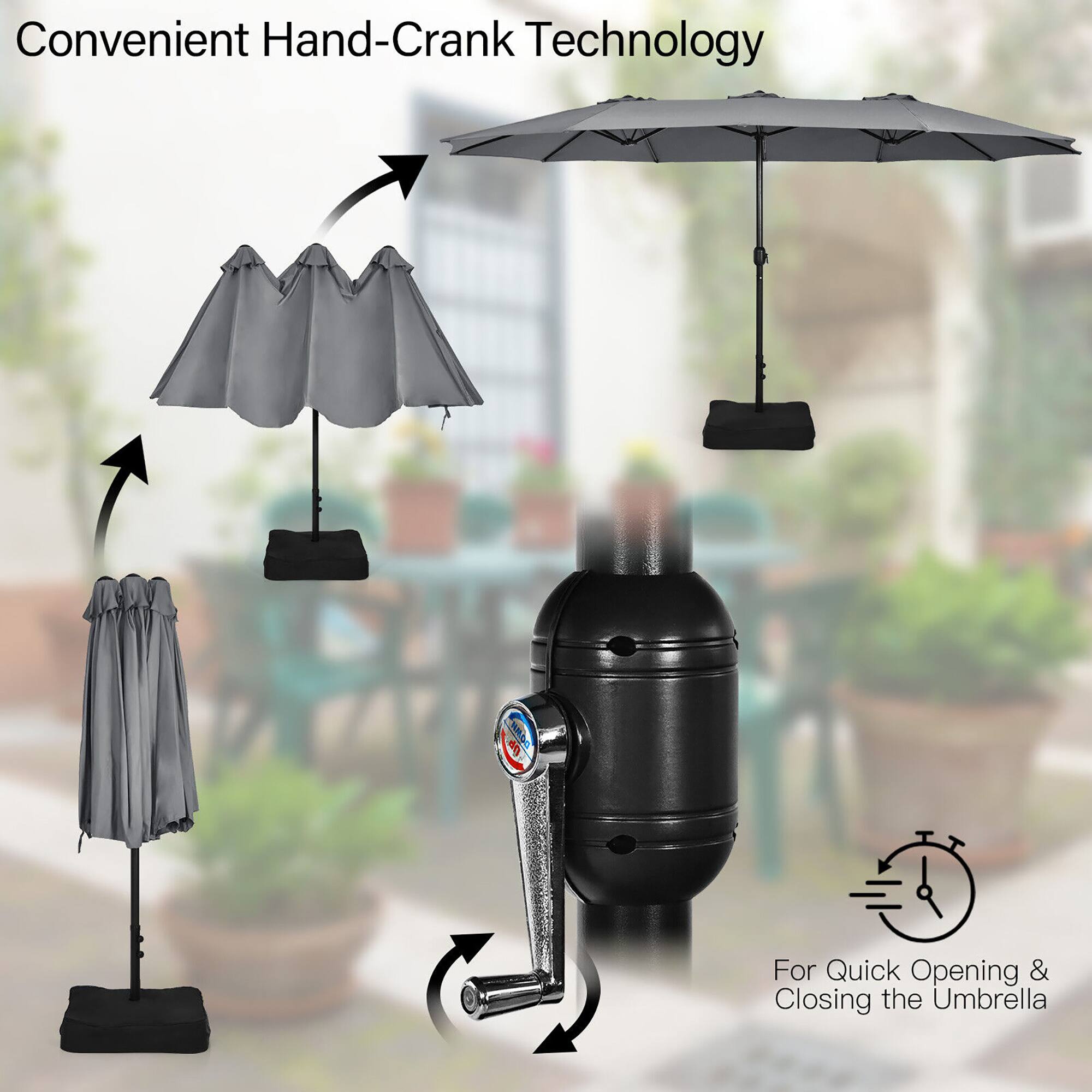 Convenient Hand-Crank Technology

For Quick Opening & Closing the Umbrella