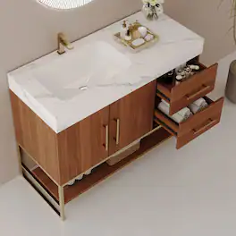 Loheer - 36 inch freestanding bathroom vanity with seamless ceramic sink & sintered stone top, Walnut/Gold - Walnut, Gold, White