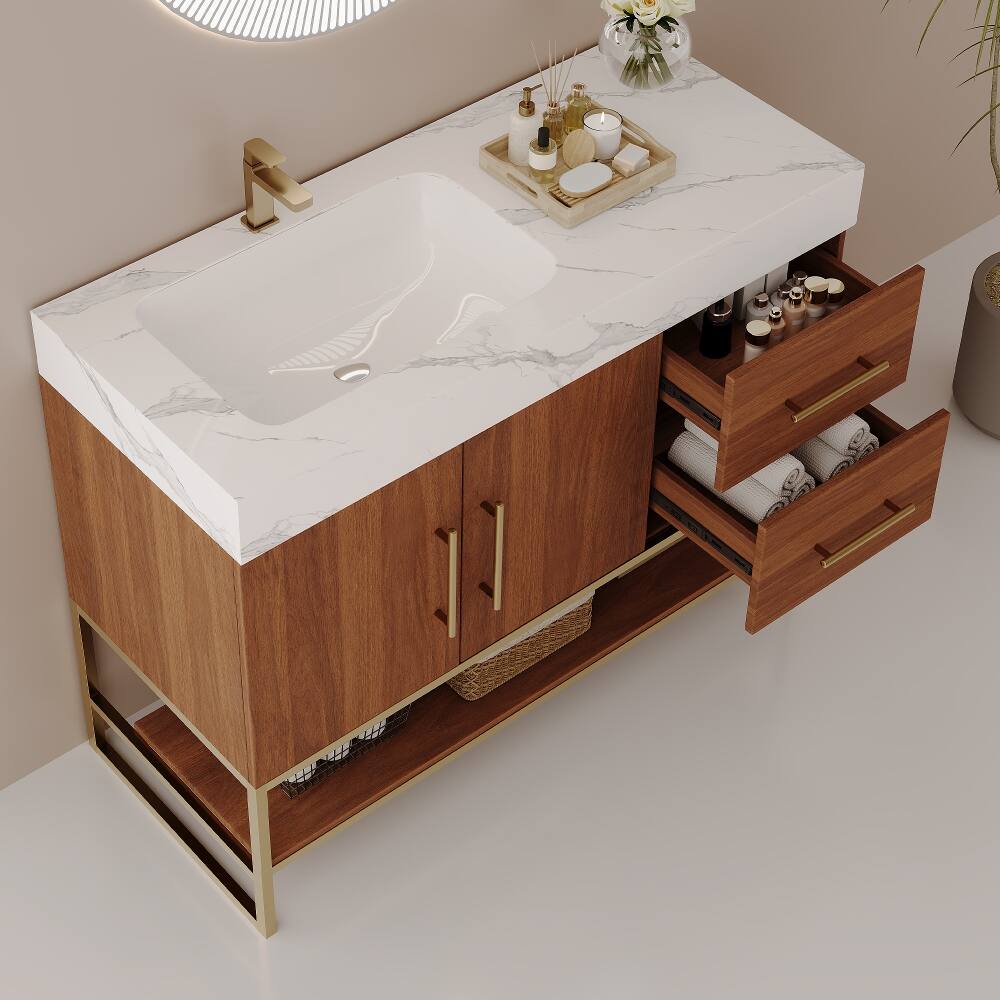 Loheer - 36 inch freestanding bathroom vanity with seamless ceramic sink & sintered stone top, Walnut/Gold - Walnut, Gold, White