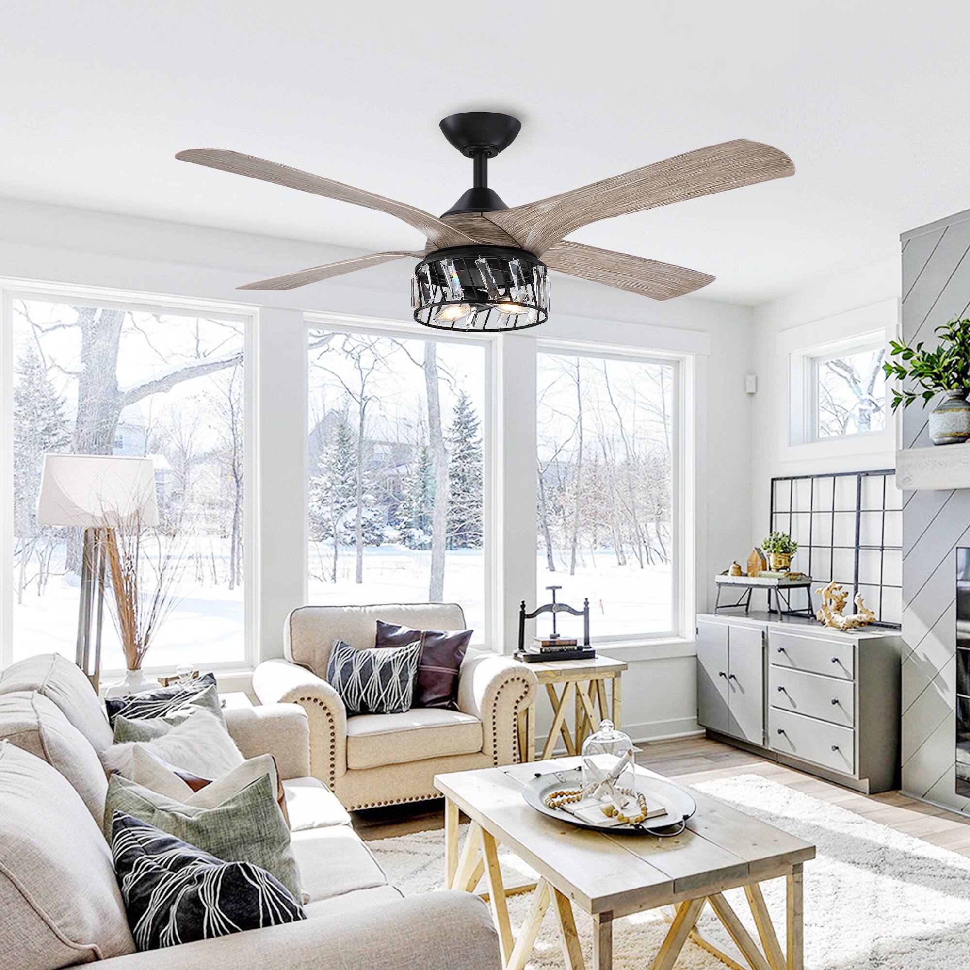 Alt View 2. Parrot Uncle - 52" Farmhouse ABS 4-Blade Indoor Crystal Ceiling Fan with Remote - Black.