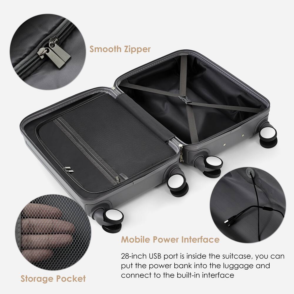 Smooth Zipper  
Mobile Power Interface  
Storage Pocket  

28-inch USB port is inside the suitcase, you can put the power bank into the luggage and connect to the built-in interface