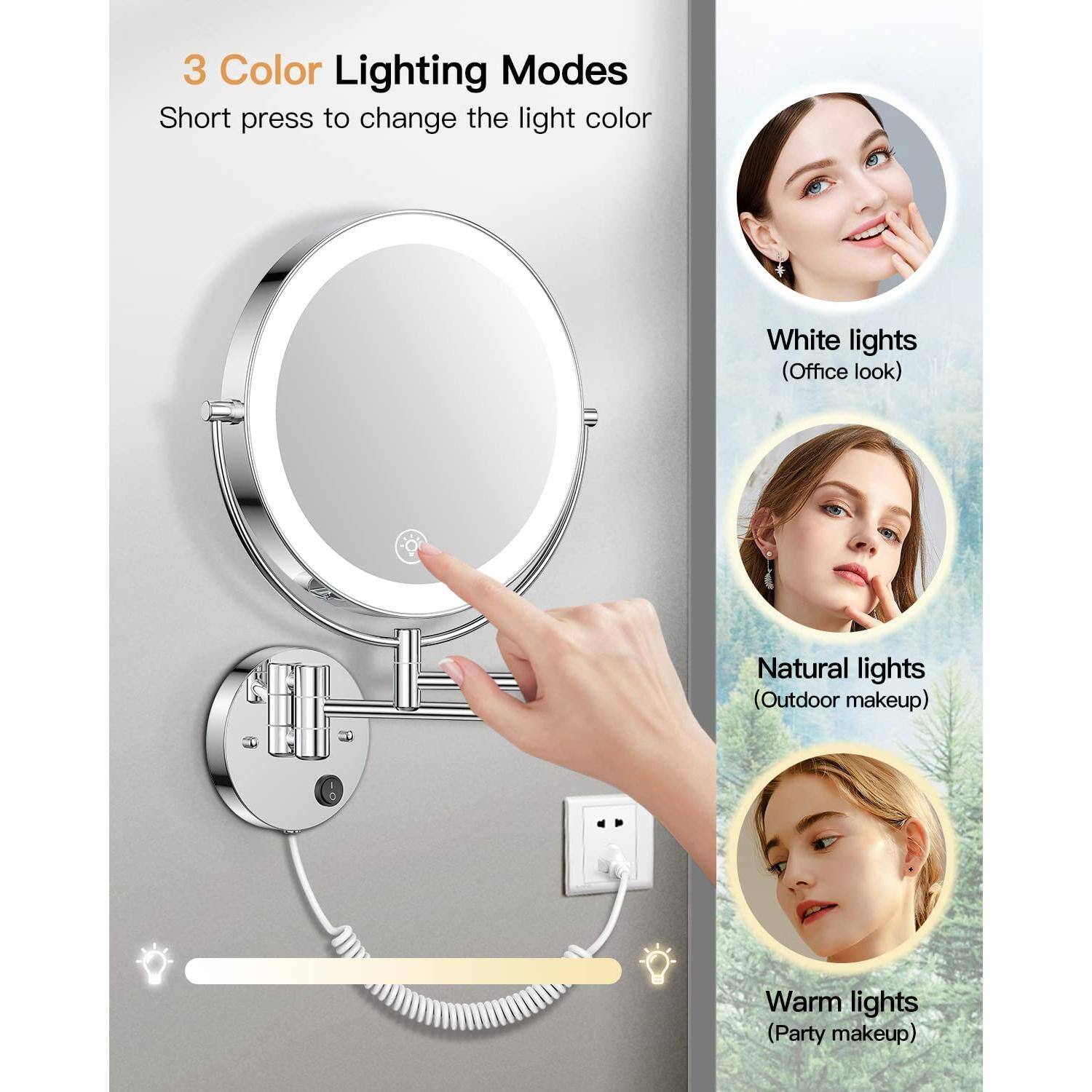 3 Color Lighting Modes  
Short press to change the light color  

White lights (Office look)  
Natural lights (Outdoor makeup)  
Warm lights (Party makeup)