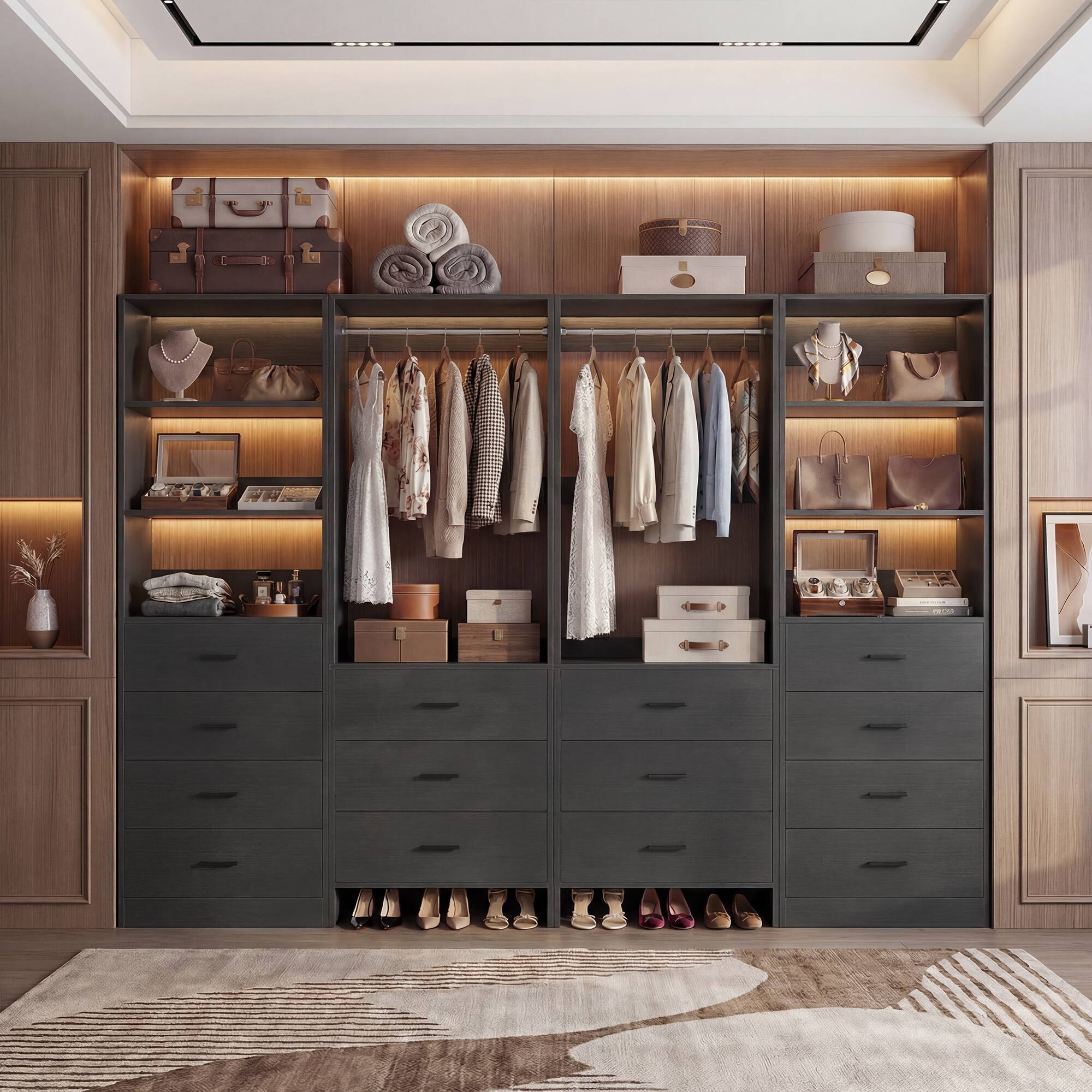 Back. Aheaplus - 90'' Walk-in Closet Organizer System with 14 Drawers, 2 Hanging Rods and Adjustable Shelves - Black.