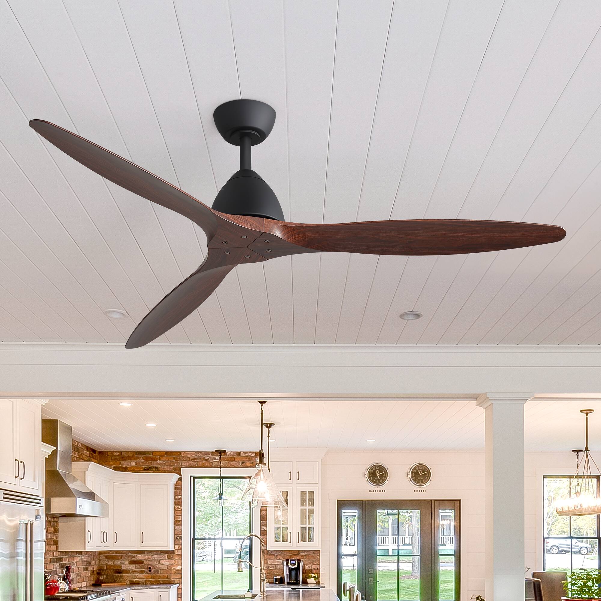 Back. Breezary - 56-Inch Modern Ceiling Fan with 3 Reversible ABS Blades, 6-Speed Quiet DC Motor, Timer, 6" Downrod Mount - Black and Double-sided wood-grain.