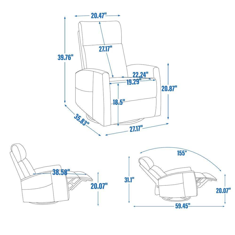 Here is the corrected and grouped text from the image:

- **Dimensions of the seat:**
  - Width: 20.47"
  - Height: 39.76"
  - Depth: 27.17"
  - Seat Height: 18.5"
  - Back Height: 22.24"
  - Back Width: 19.29"
  - Seat Width: 20.87"
  - Seat Depth: 27.17"
  - Overall Width: 35.83"
  - Overall Height: 38.58"
  - Overall Depth: 59.45"

- **Reclining Seat:**
  - Reclined Seat Height: 20.07"
  - Reclined Seat Depth: 31.1"
  - Reclined Seat Width: 38.58"
  - Reclined Seat Back Height: 20.07"
  - Reclined Seat Back Width: 59.45"
  - Reclining Angle: 155°