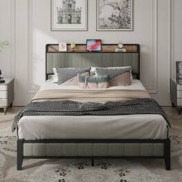 LUCKY ONE - King Size Platform Bed Frame with USB Outlets, Heavy Duty Metal Slats, No Box Spring Needed, Under-Bed Storage - Light Gray
