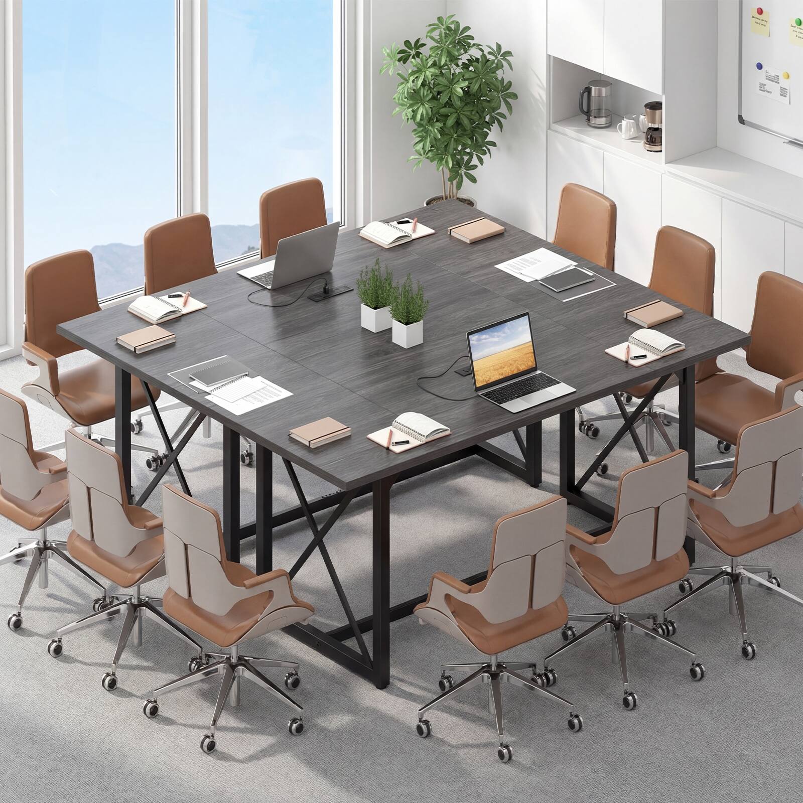 Alt View 4. Costway - Costway 2 Pcs 6FT Conference Table with Power Outlets, Large Meeting Room Table Seats - Gray Oak.