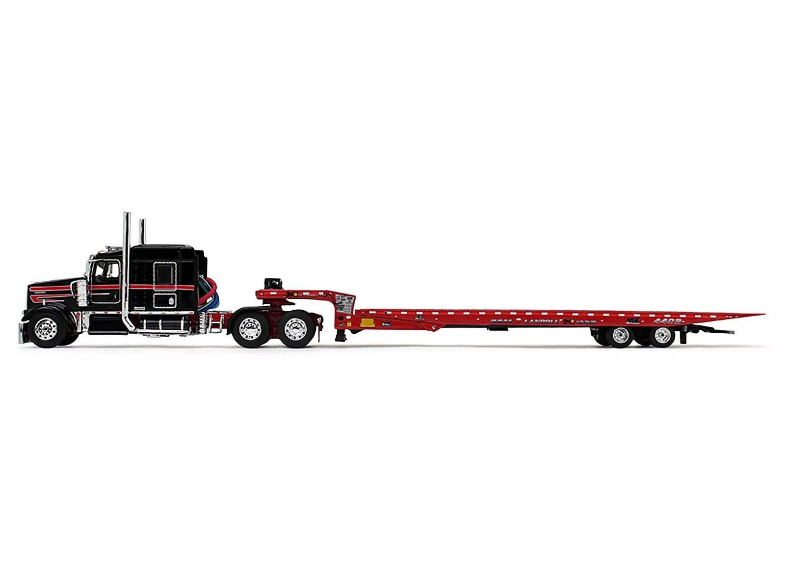 Angle. First Gear - Kenworth W900L with 72 AeroCab Sleeper and Landoll 440B50CA Traveling Axle Trailer Black and Red 1/64 by DCP/First Gear - Black and Red.