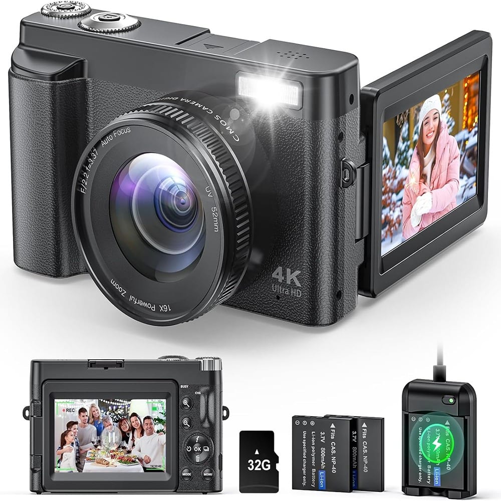 ACJPR - 4K Digital Camera, 48MP, 16X Zoom, 180° Flip Screen, Flash - Black