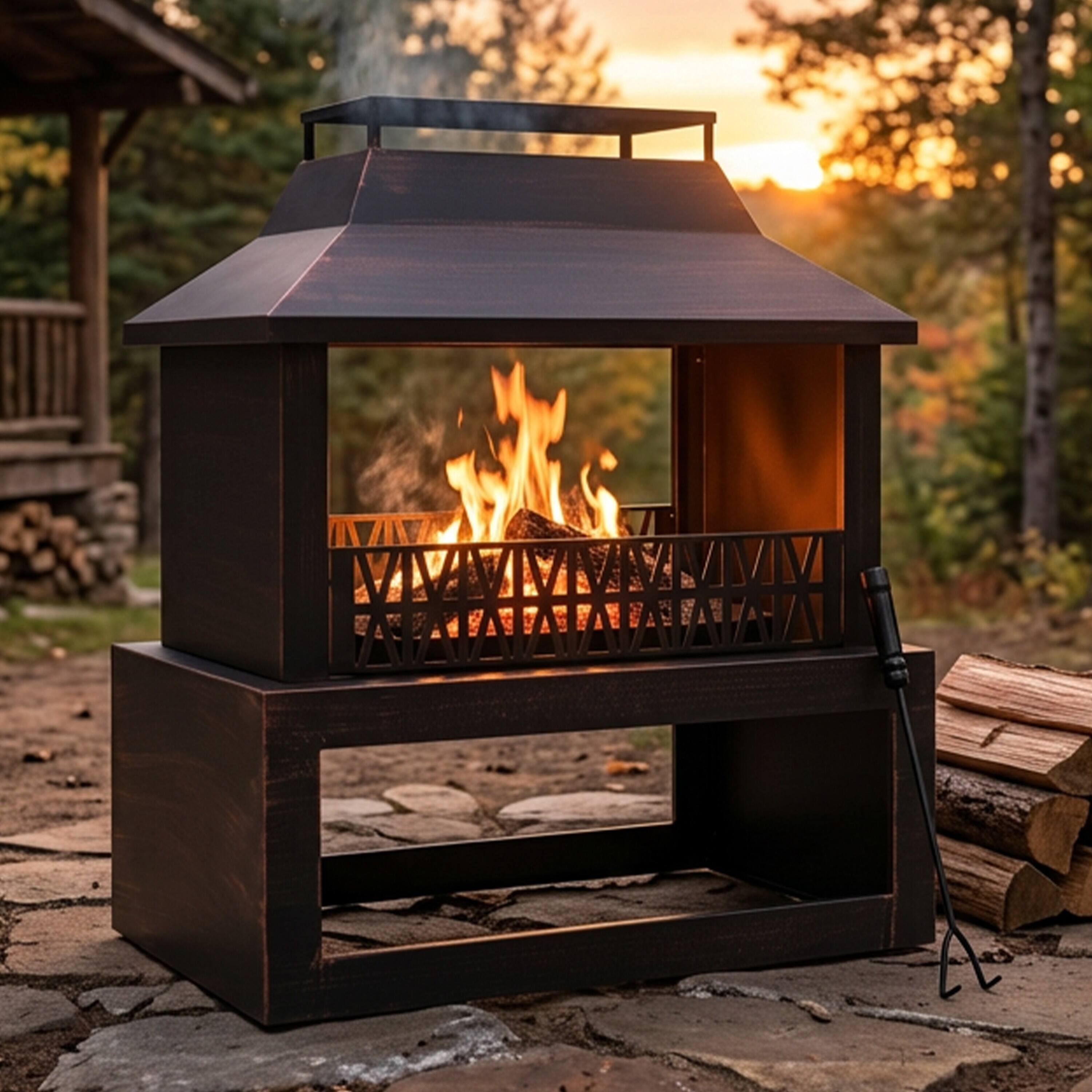 Alt View 2. Sunnydaze - 32 in Steel Outdoor Fireplace with Log Storage - Bronze.