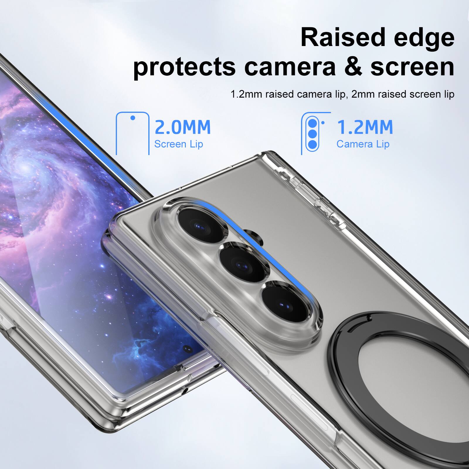 Raised edge protects camera & screen  
1.2mm raised camera lip, 2mm raised screen lip  
2.0MM Screen Lip  
1.2MM Camera Lip