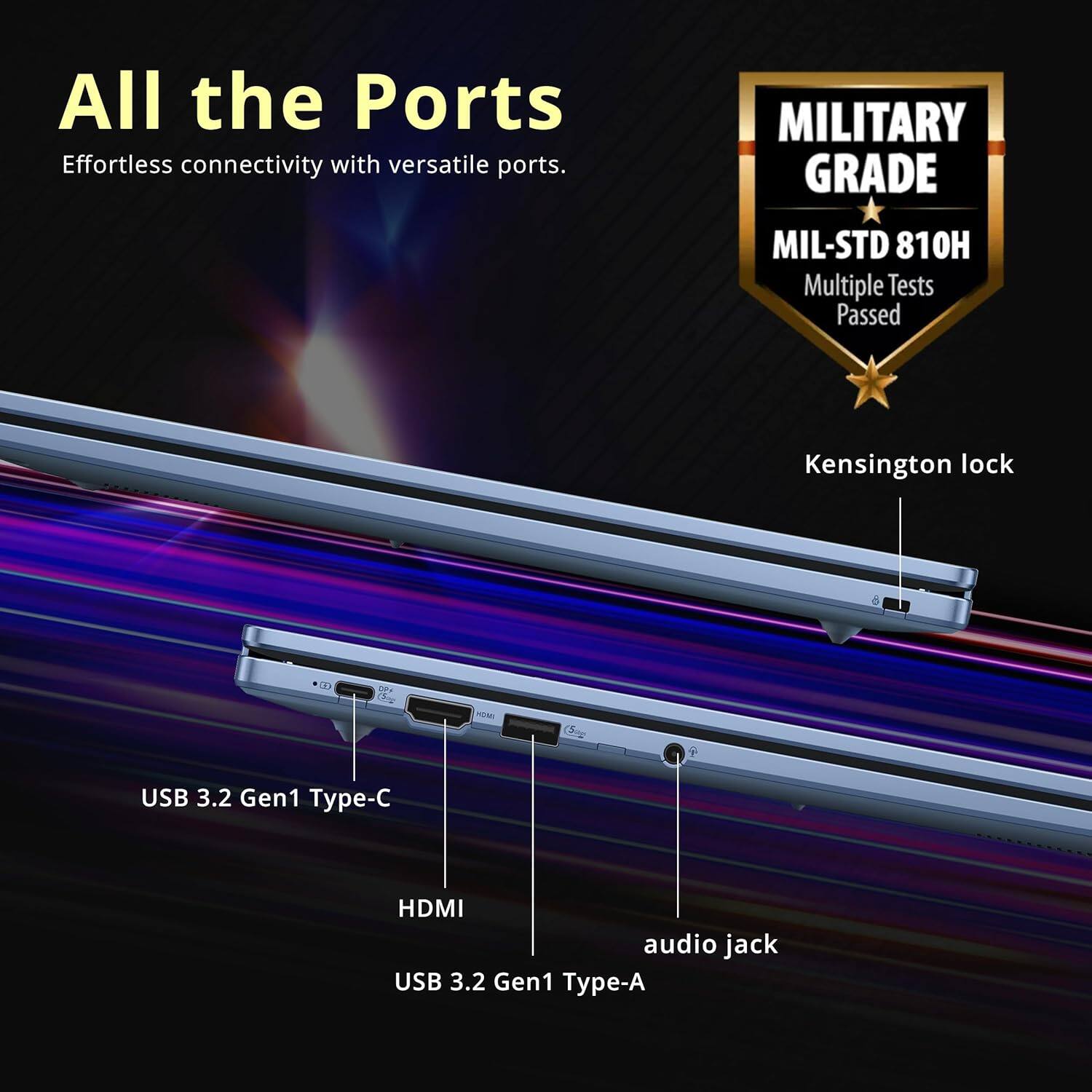 All the Ports  
Effortless connectivity with versatile ports.

MILITARY GRADE  
MIL-STD 810H  
Multiple Tests Passed

- Kensington lock
- USB 3.2 Gen1 Type-C
- HDMI
- audio jack
- USB 3.2 Gen1 Type-A
