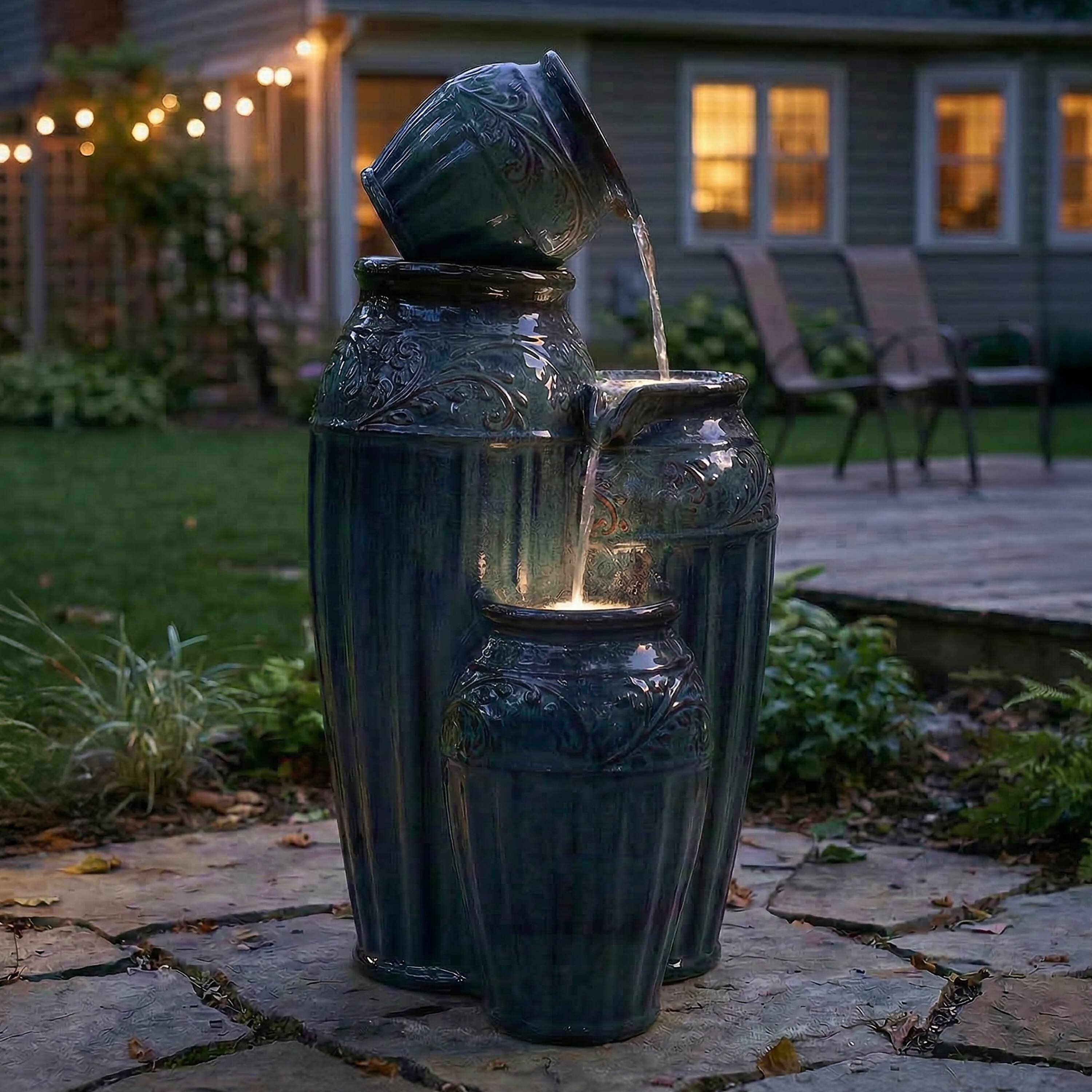 Alt View 10. Sunnydaze - Tour de Vase Ceramic Pot Water Fountain with LED Lights - 27 in - Dark Cyan.