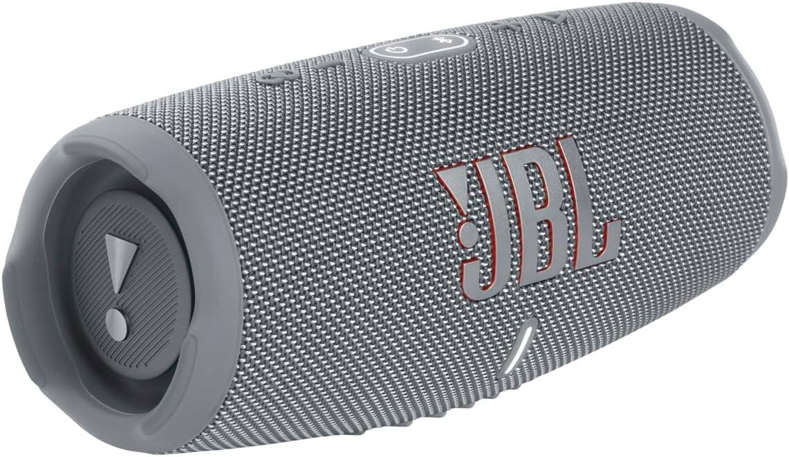 Angle. JBL - JBL Charge 5 Portable Waterproof Bluetooth Speaker with Winguard Travel Case (Gray) - Gray.