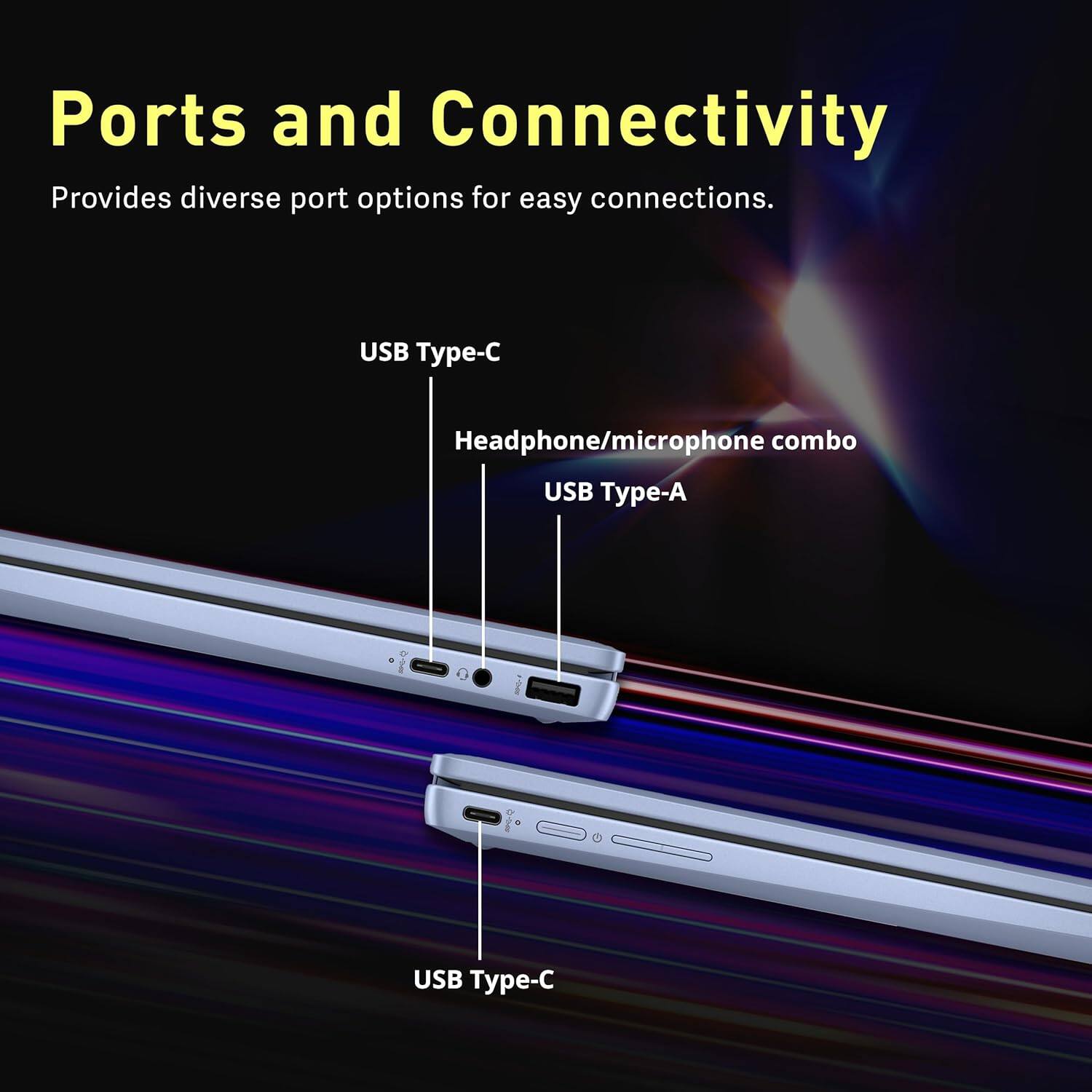 Ports and Connectivity  
Provides diverse port options for easy connections.  

- USB Type-C  
- Headphone/microphone combo  
- USB Type-A  
- USB Type-C