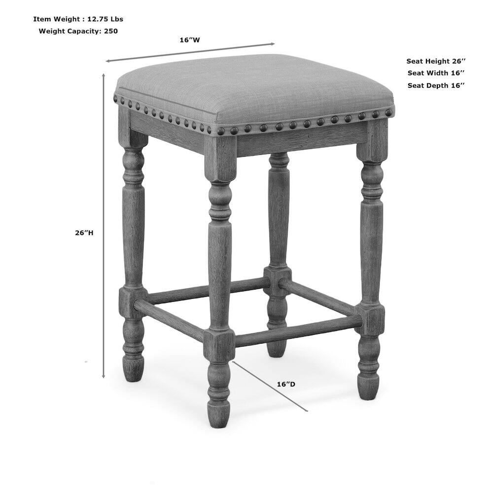 Item Weight: 12.75 Lbs  
Weight Capacity: 250  
16"W  
Seat Height 26"  
Seat Width 16"  
Seat Depth 16"  
26"H  
16"D