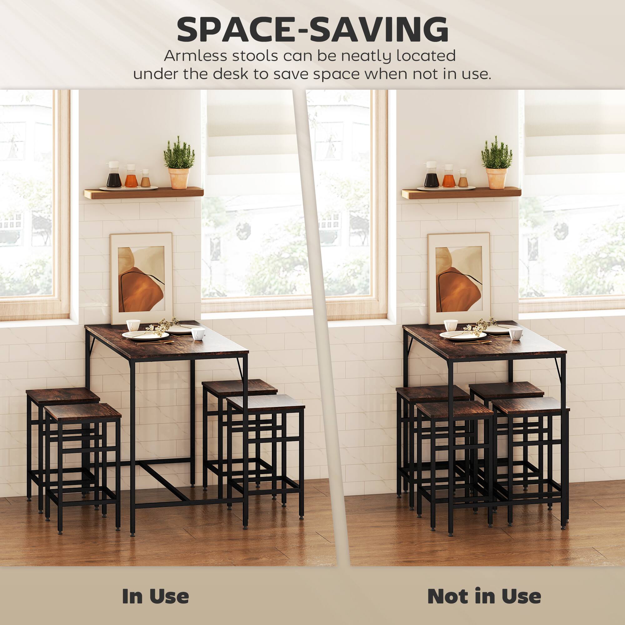 SPACE-SAVING  
Armless stools can be neatly located under the desk to save space when not in use.

In Use  
Not in Use