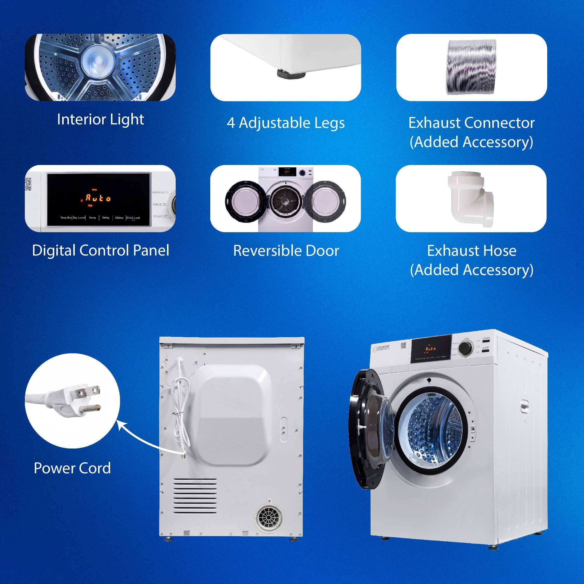 - Interior Light
- 4 Adjustable Legs
- Exhaust Connector (Added Accessory)
- Digital Control Panel
- Reversible Door
- Exhaust Hose (Added Accessory)
- Power Cord