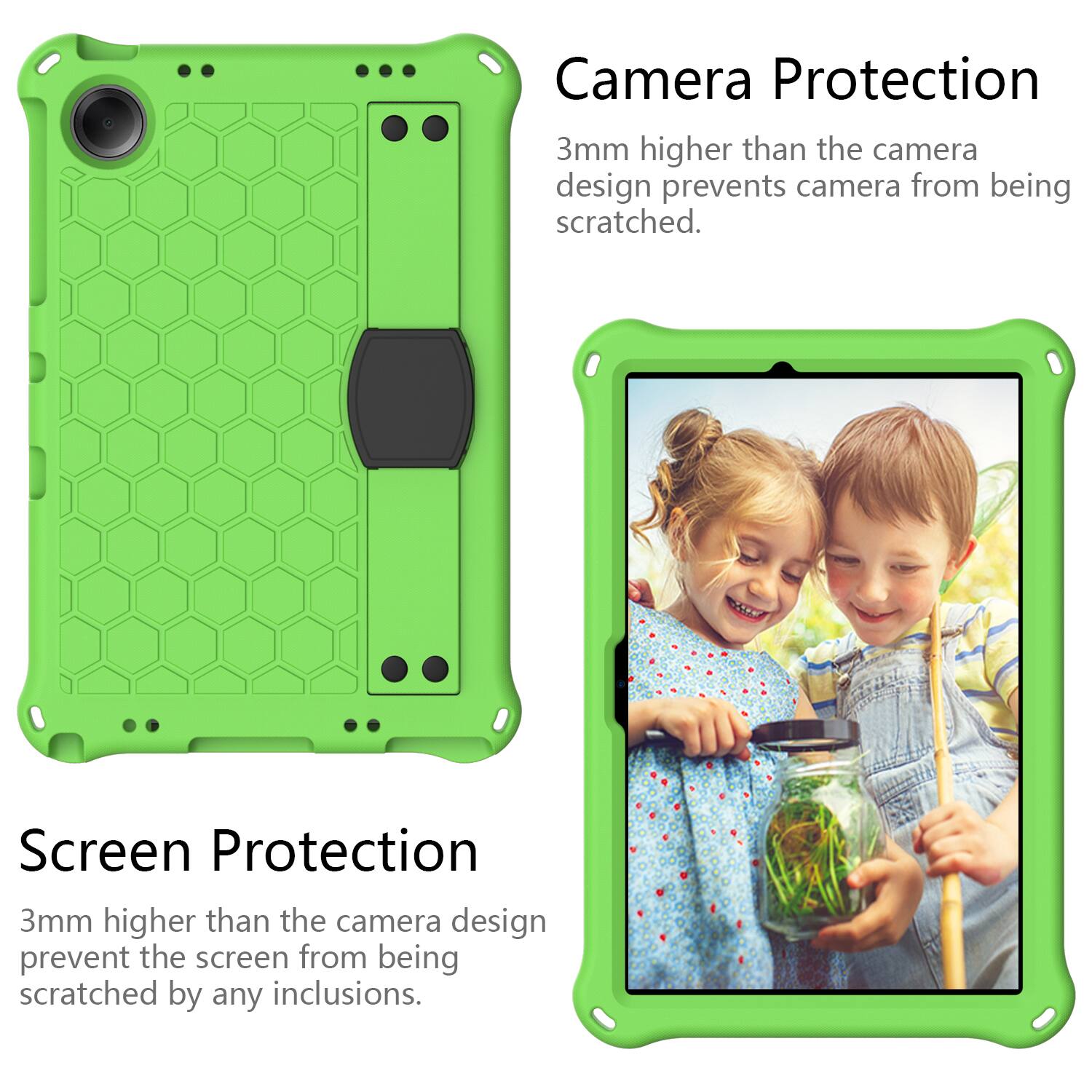 Camera Protection  
3mm higher than the camera design prevents camera from being scratched.  

Screen Protection  
3mm higher than the camera design prevent the screen from being scratched by any inclusions.