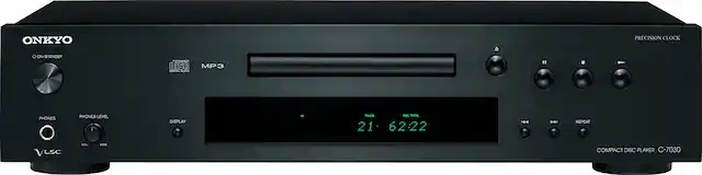 ONKYO
PRECISION CLOCK
ON/STANDBY
MP3
PHONES LEVEL
MIN MAX
DISPLAY
21 • 62:22
COMPACT DISC PLAYER C-7030
VLSC
REPEAT