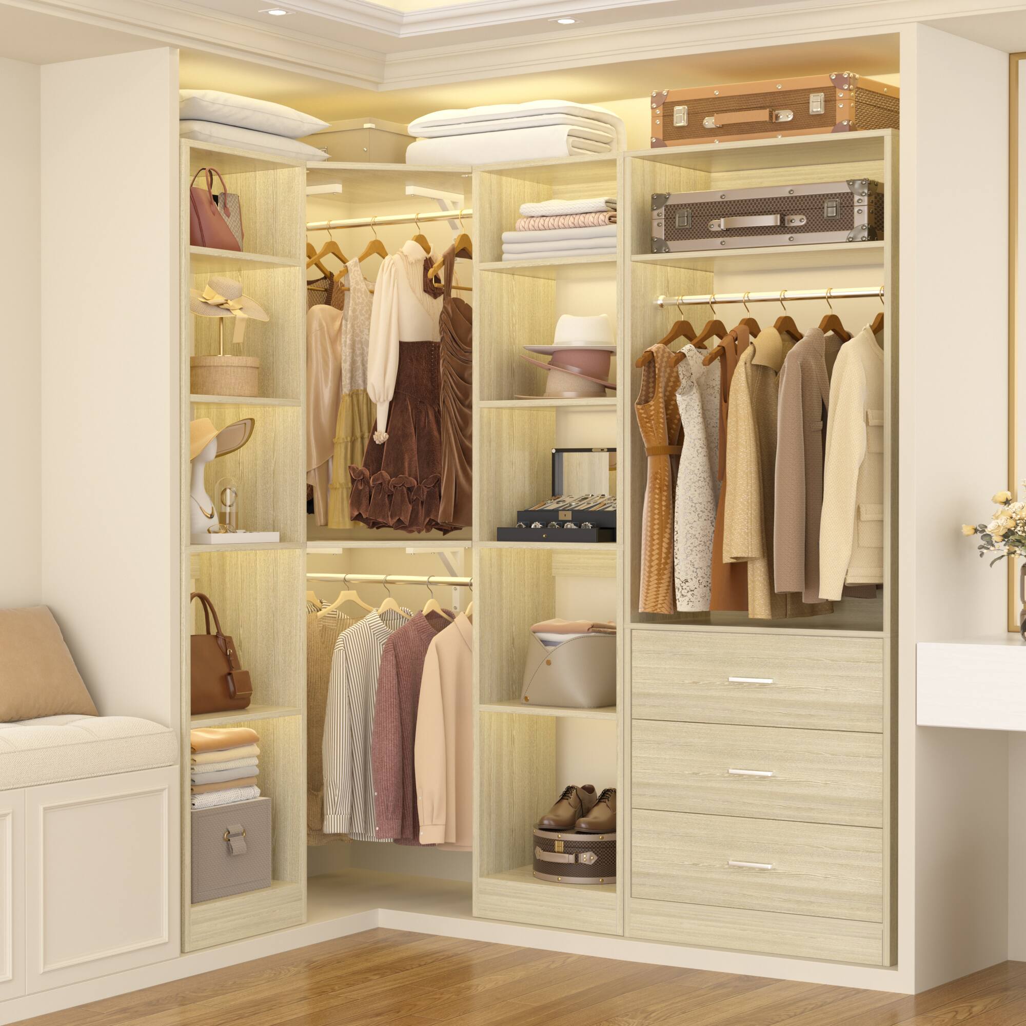 Angle. Aheaplus - L-Shaped Corner Closet: 3 Drawers + 13 Shelves, 2000lb Capacity ,Space-Saving Walk-in Organizer - White Oak.