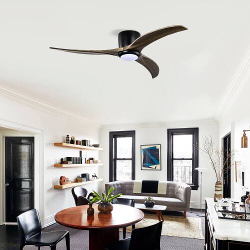 Alt View 4. LUCKY ONE - 52" Flush Mount Ceiling Fan with Light Remote 6-Speed Wood Blades - Matte Black.