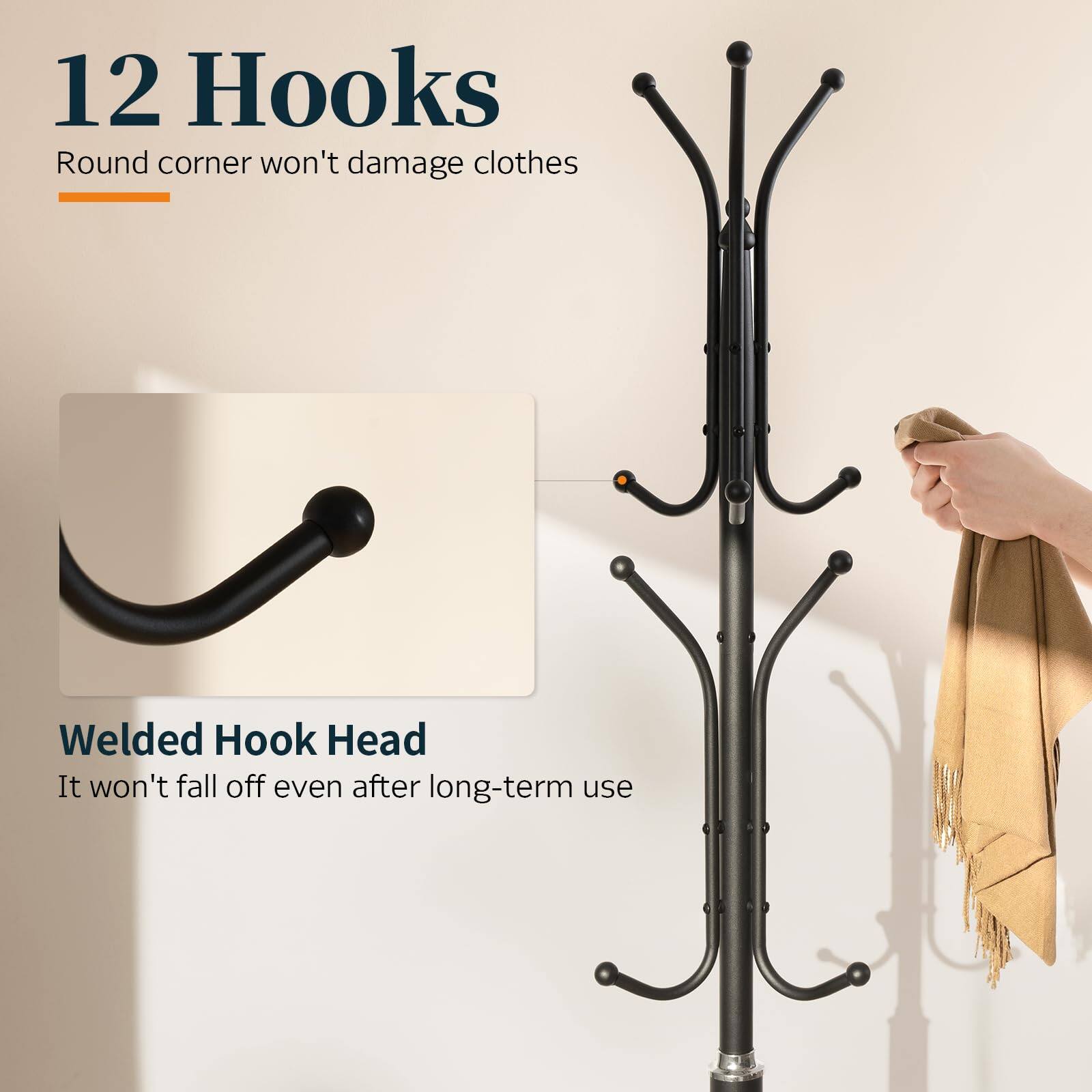 12 Hooks  
Round corner won't damage clothes  

Welded Hook Head  
It won't fall off even after long-term use