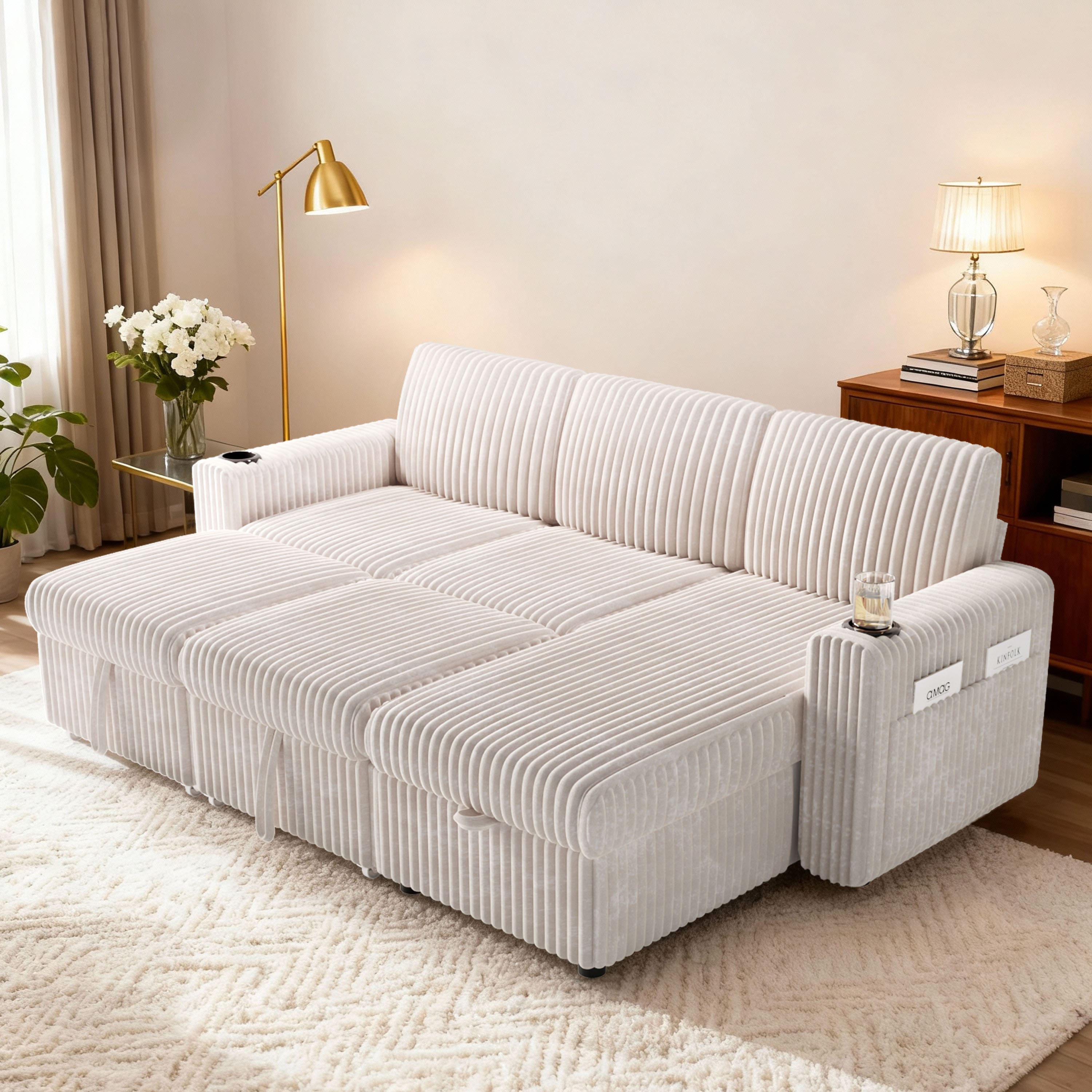 Front. Dyonery - 101" Sectional Sleeper Sofa Bed with Pull Out Bed, L Shaped Couch Sleeper Sofa with Reclining Backrest - Beige.