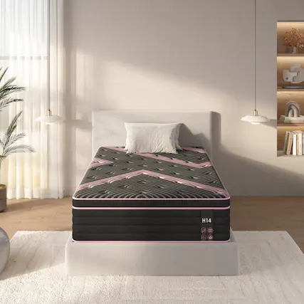 Front. Ecooso - 12 Inch Twin Hybrid Foam & Spring Mattress, Pocketed Innerspring, Medium Firm, CertiPUR-US Certified, Boxed - Pink+Black.