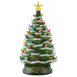 Casafield - 24-in Hand Painted Ceramic Christmas Tree - Pre-Lit Tree with Star - Green Snow Flocked
