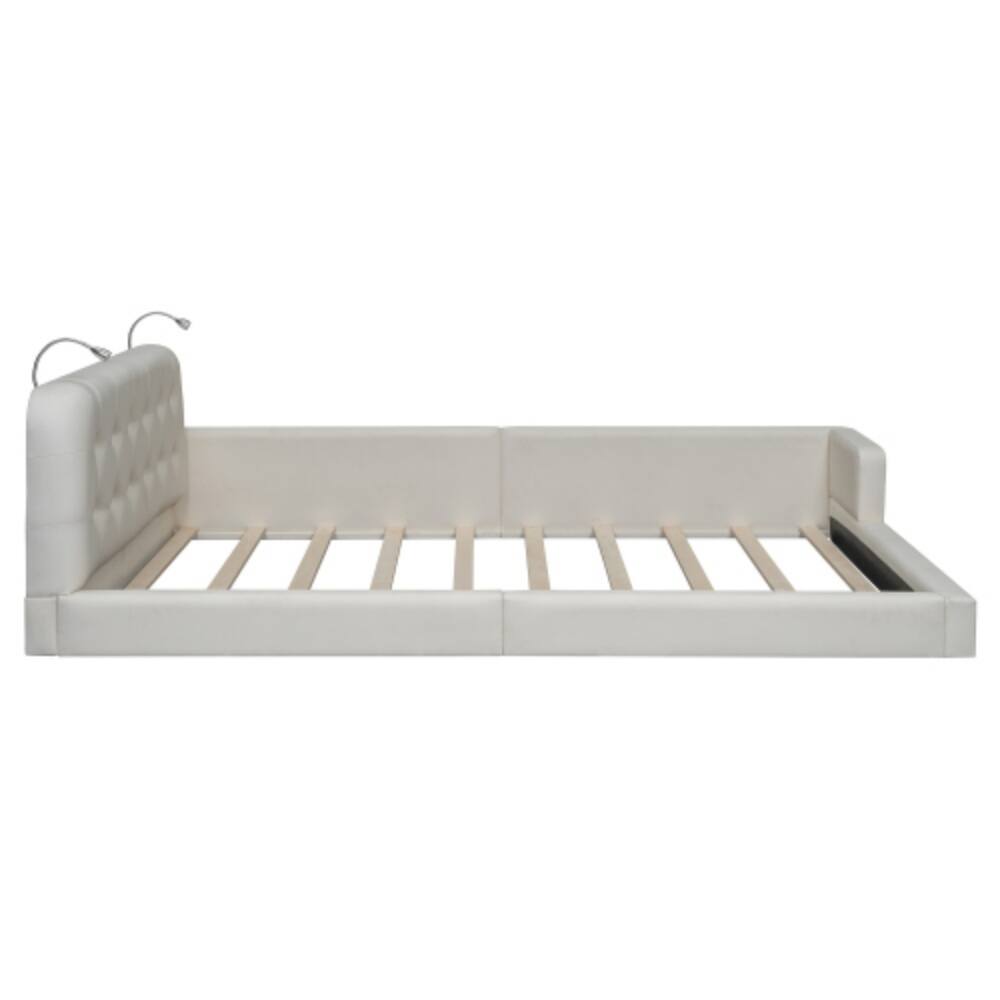 Left. LUCKY ONE - Queen Size Upholstered Platform Bed with 2 Reading Lights, PU Leather, Wood Slats, No Box Spring Needed - White.