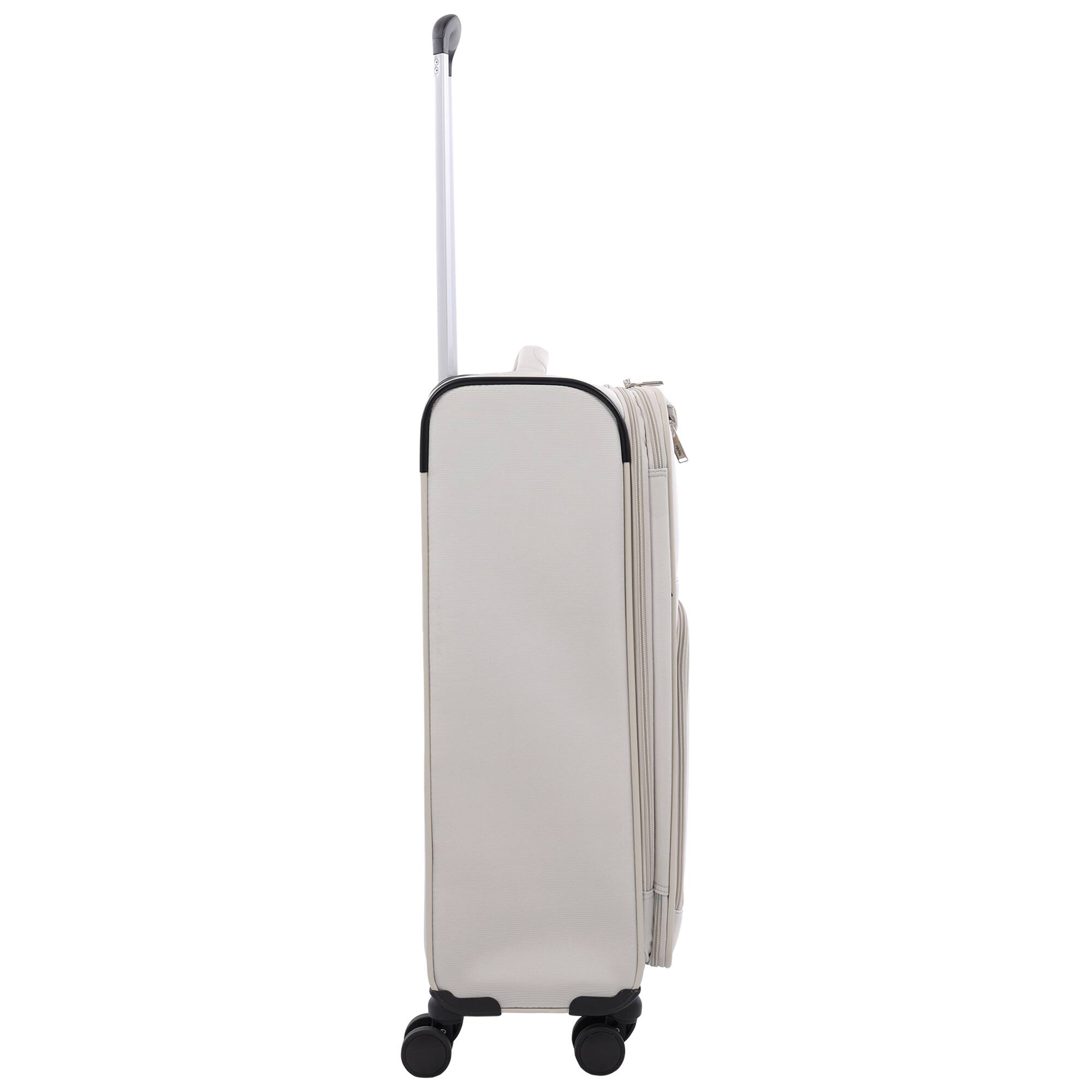 Left. Martha Stewart - 27" Softside Luggage – Expandable Spinner Suitcase with 8 Wheels & Front Zip Pockets - LIGHT GREY.
