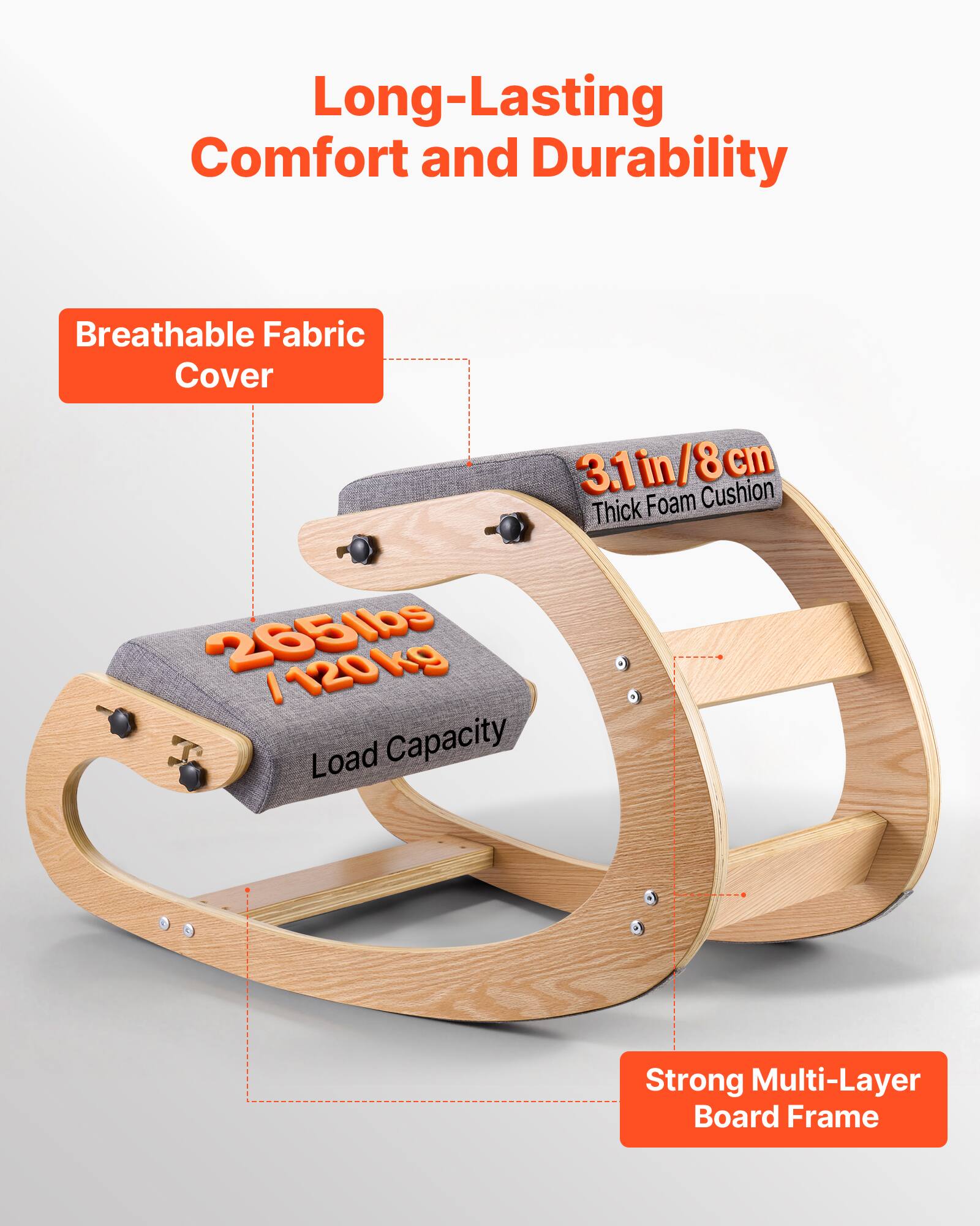 Long-Lasting Comfort and Durability

- Breathable Fabric Cover
- 3.1 in/8 cm Thick Foam Cushion
- 265 lbs / 120 kg Load Capacity
- Strong Multi-Layer Board Frame