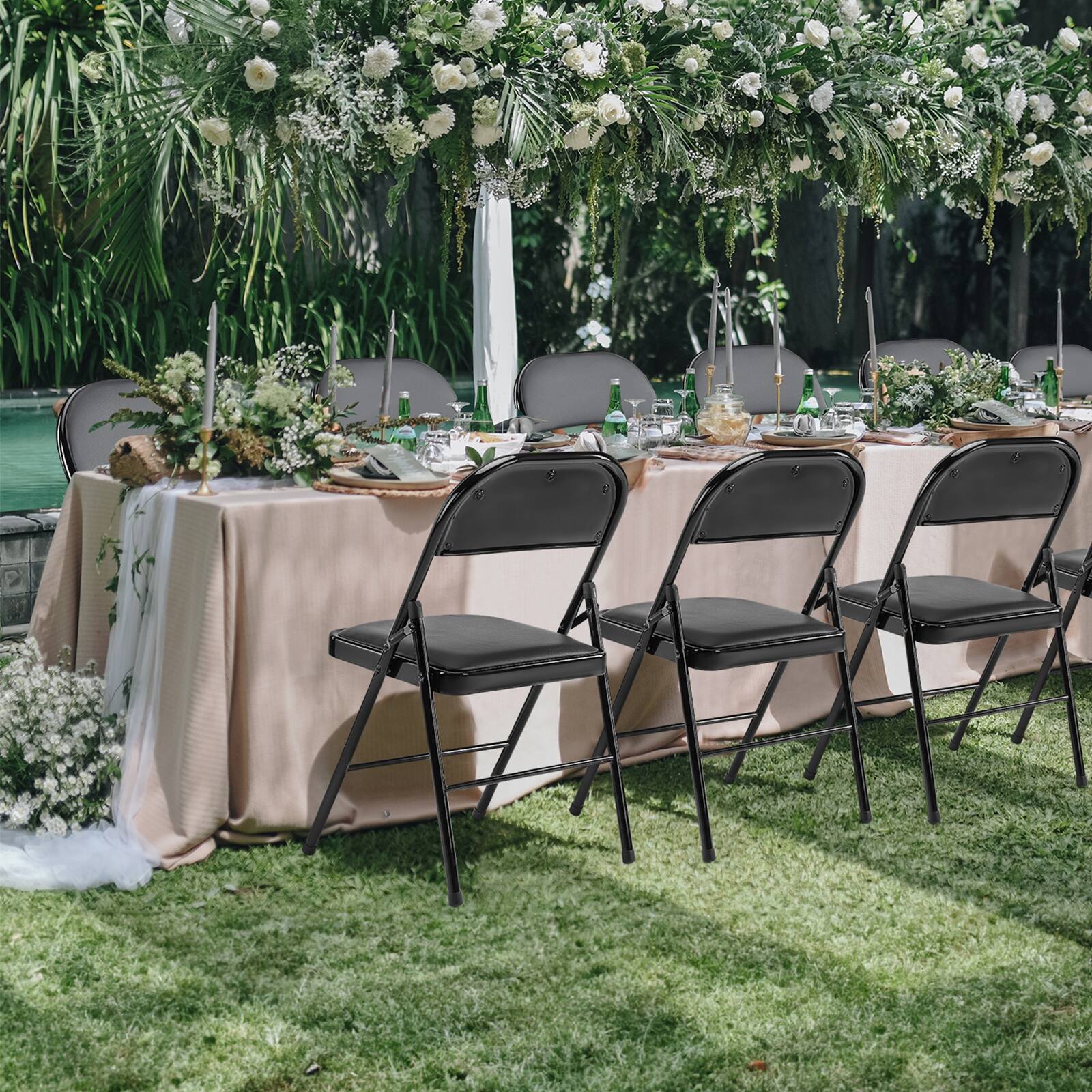 Back. AENKYO - 2 PCS Folding Chair Leather Padded Folding Chairs with Metal Frame for Home, Office, Party - Black.