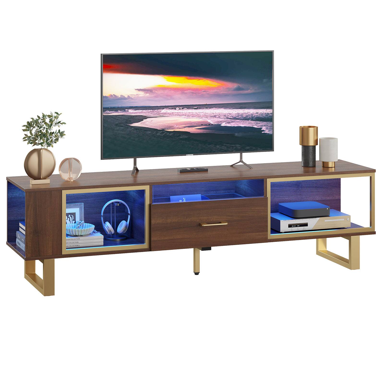Bestier - LED Gaming TV Stand for TVs up to 80 Inch,Entertainment Center with Drawer & Storage for Living Room - Ancona Walnut