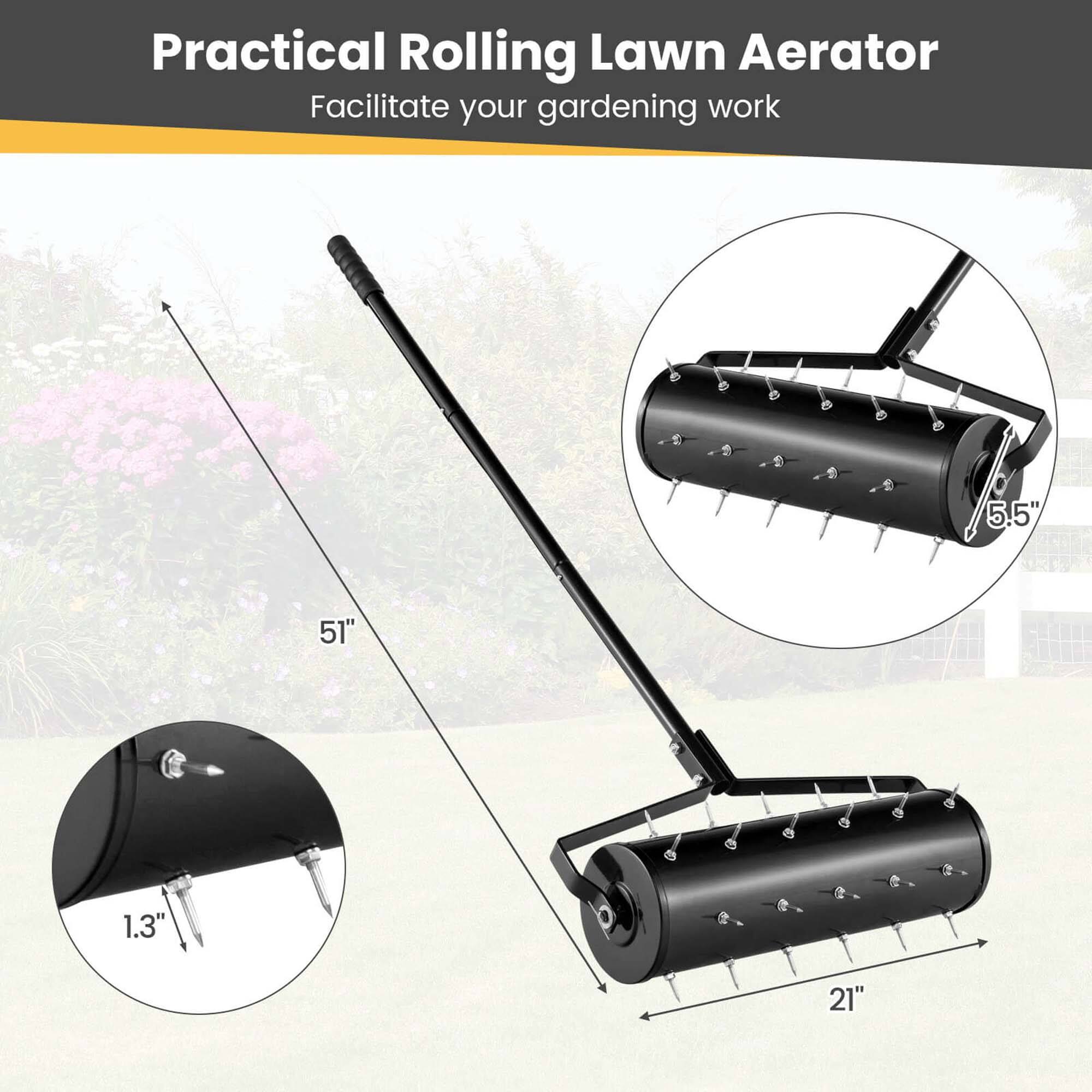 Practical Rolling Lawn Aerator  
Facilitate your gardening work  

5.5"  
51"  
1.3"  
21"