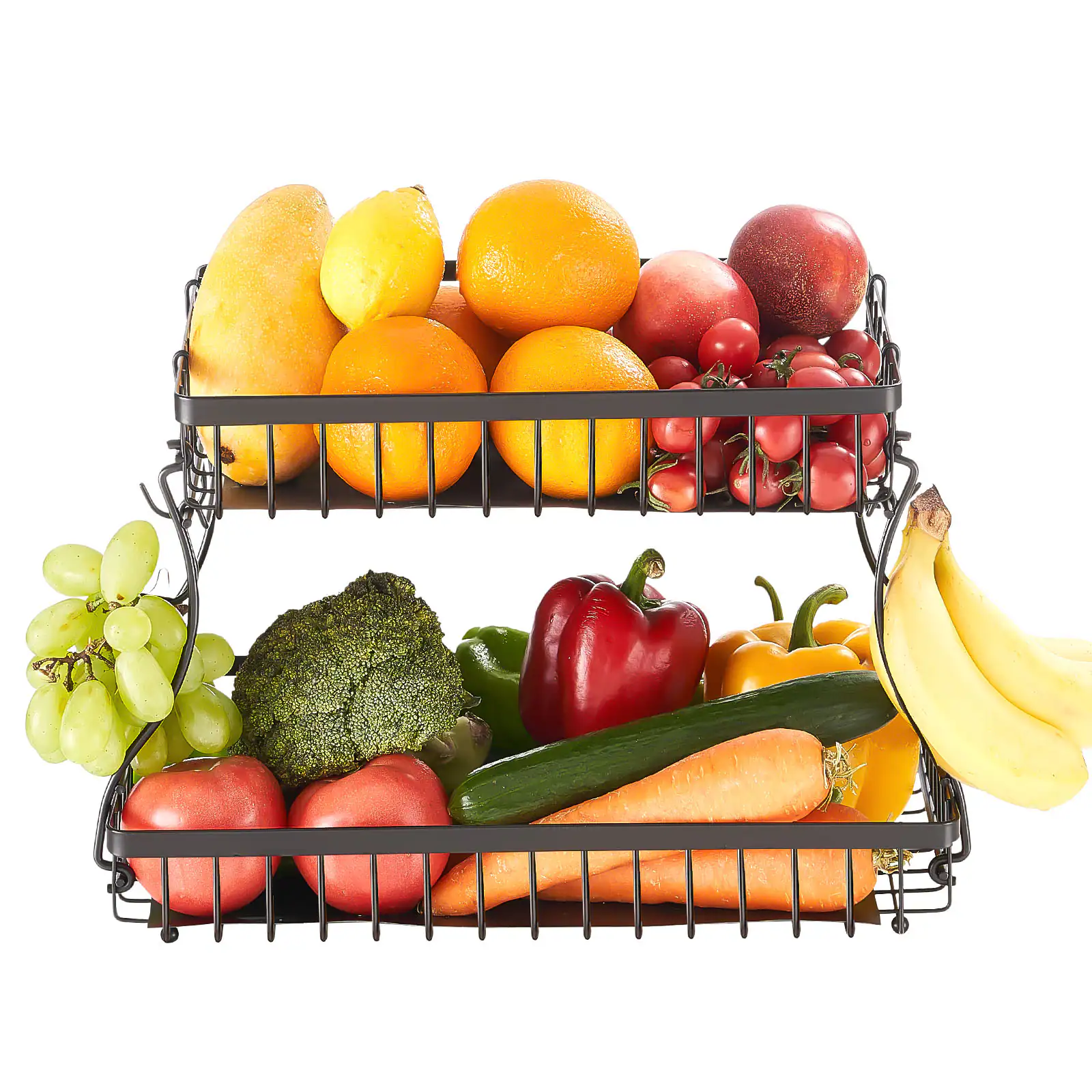 Front. VEVOR - 2 Tier Fruit Basket, Countertop Fruits Vegetable Bowl with Banana Hangers, Metal Wire Storage Stand for Kitchen Counter - Matte Black.