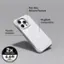 The image features a white cell phone case with a non-slip silicone texture. The case has tactile buttons and is MagSafe compatible. The case is also military grade, providing 6.6 feet of drop protection.