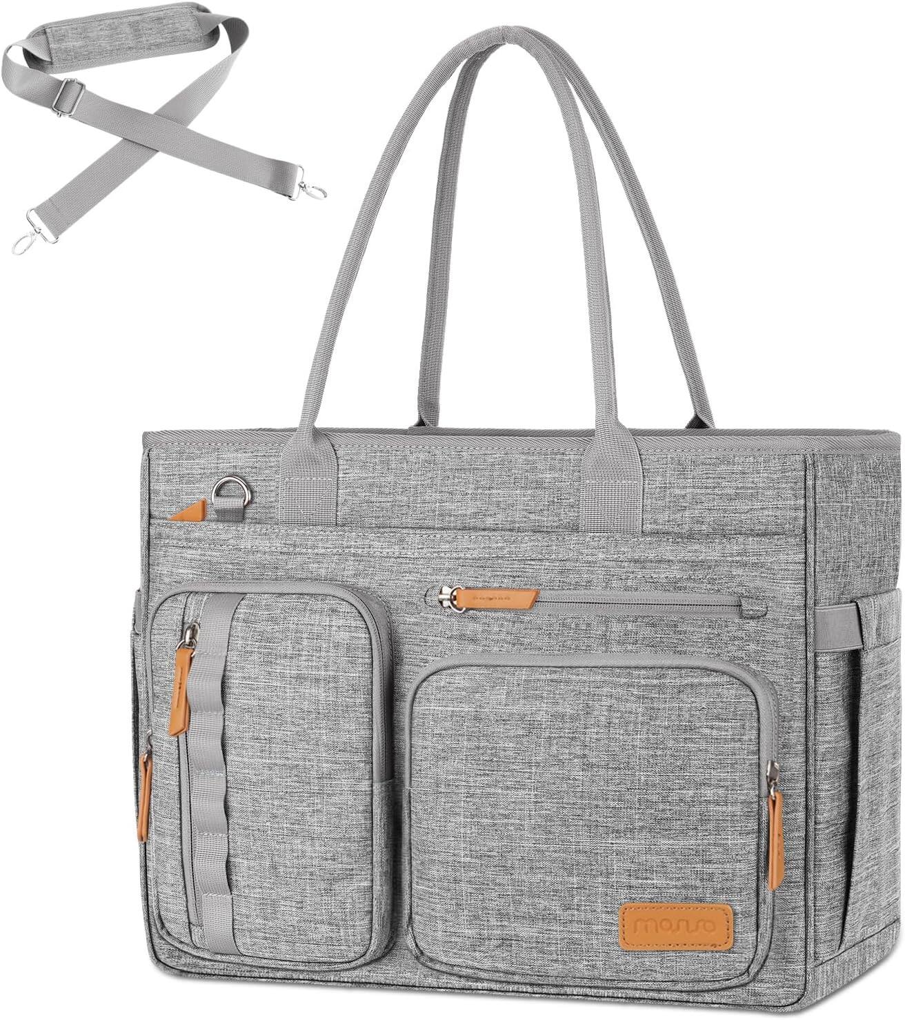 mosiso - Teacher Tote Bag 15.6-Inch Large Capacity Laptop Shoulder Handbag with USB Charging Port for Office College Nursing - Gray