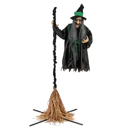 Front. Costway - Witch on Broom Halloween Animatronic Life Size Halloween Prop with LED Lights Laughing and Screaming - Multicolor.