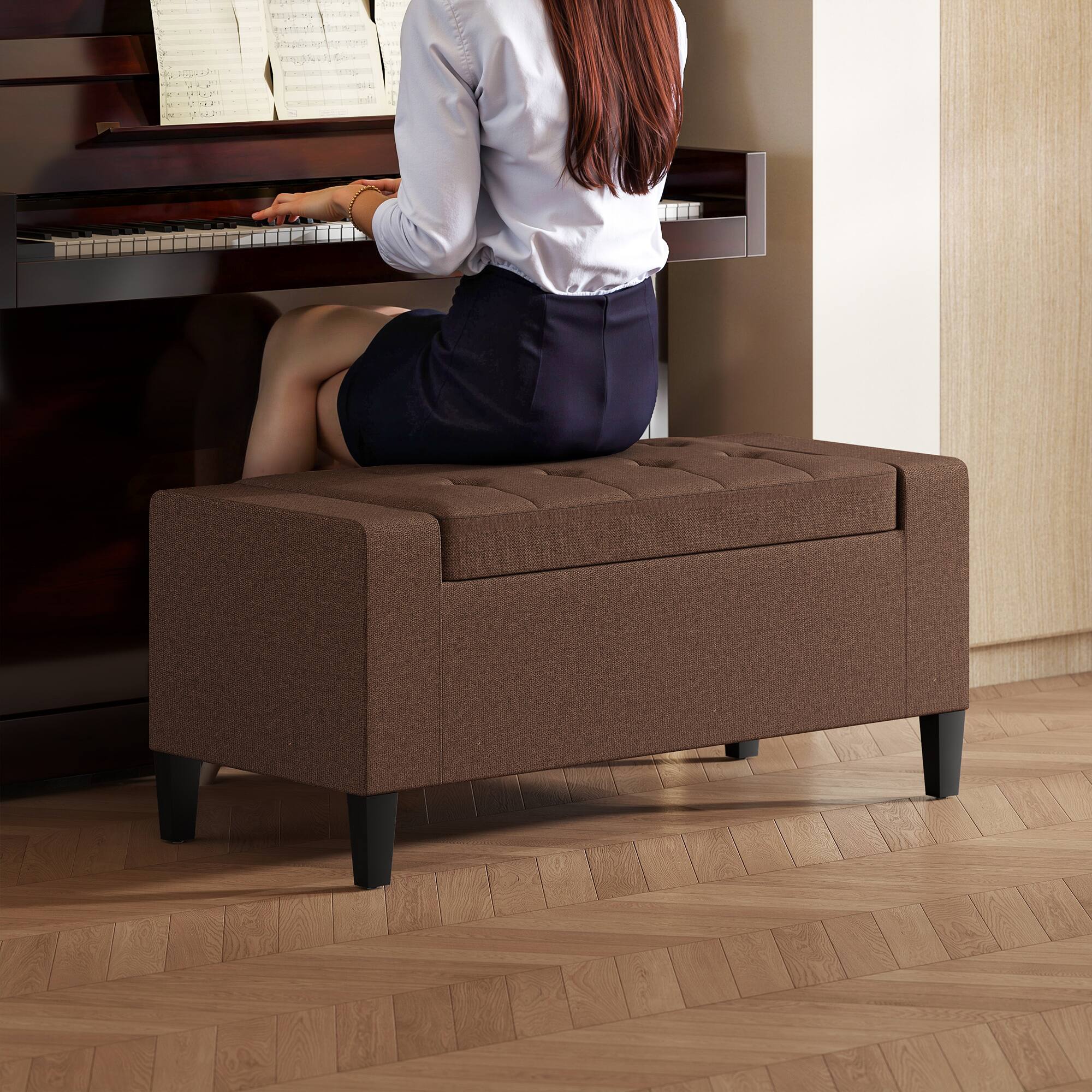 Alt View 8. Homcom - Storage Ottoman, Linen Upholstered Storage Bench with Lift Top and Button Tufted for Living Room - Brown.