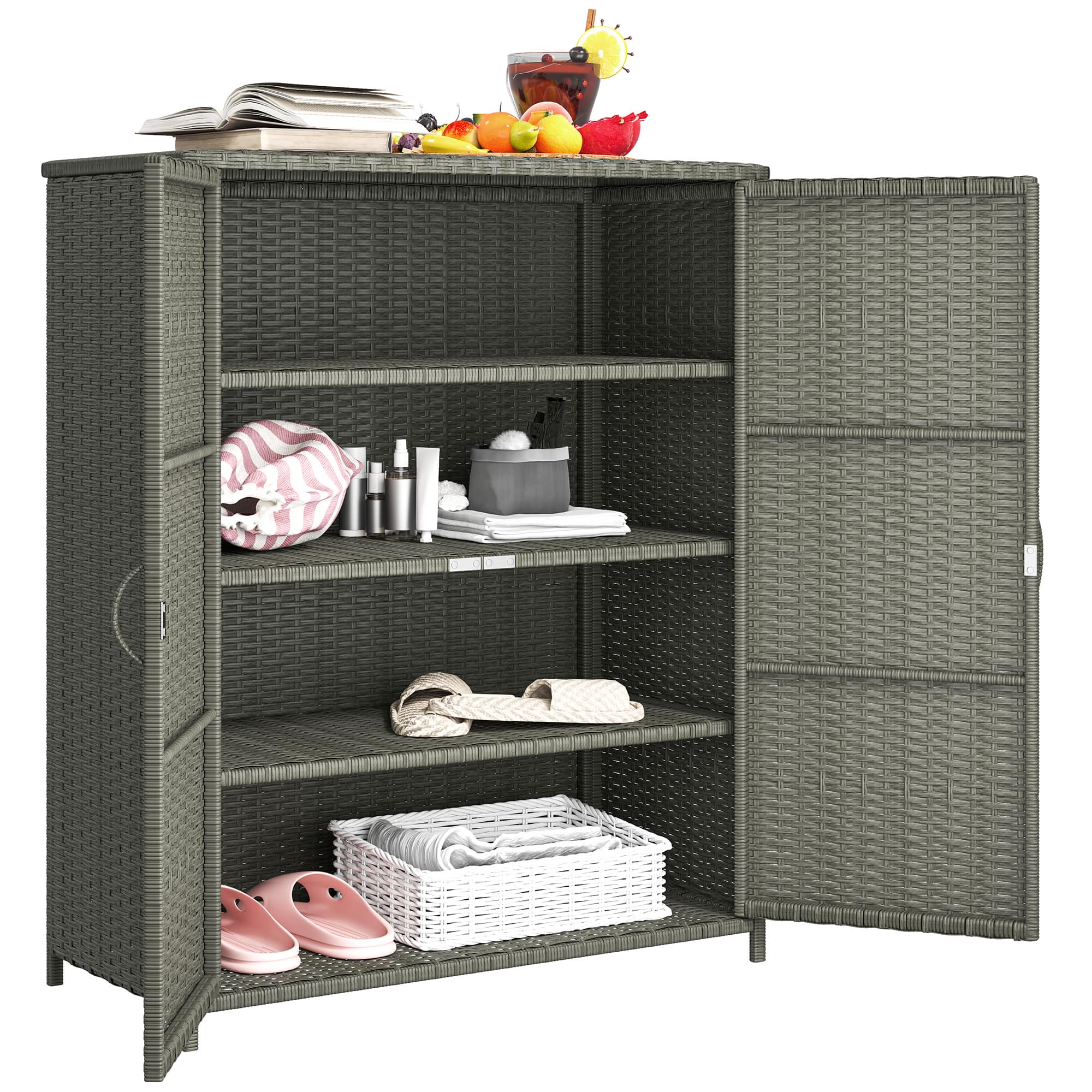 Outsunny - Wicker Outdoor Storage Cabinet with 4 Shelves and 2 Doors for Garden Pool Towel Storage - Dark Gray