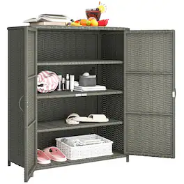 Outsunny - Wicker Outdoor Storage Cabinet with Shelves, 4-Shelf Outdoor Pool Towel Cabinet with Two Doors - Dark Gray