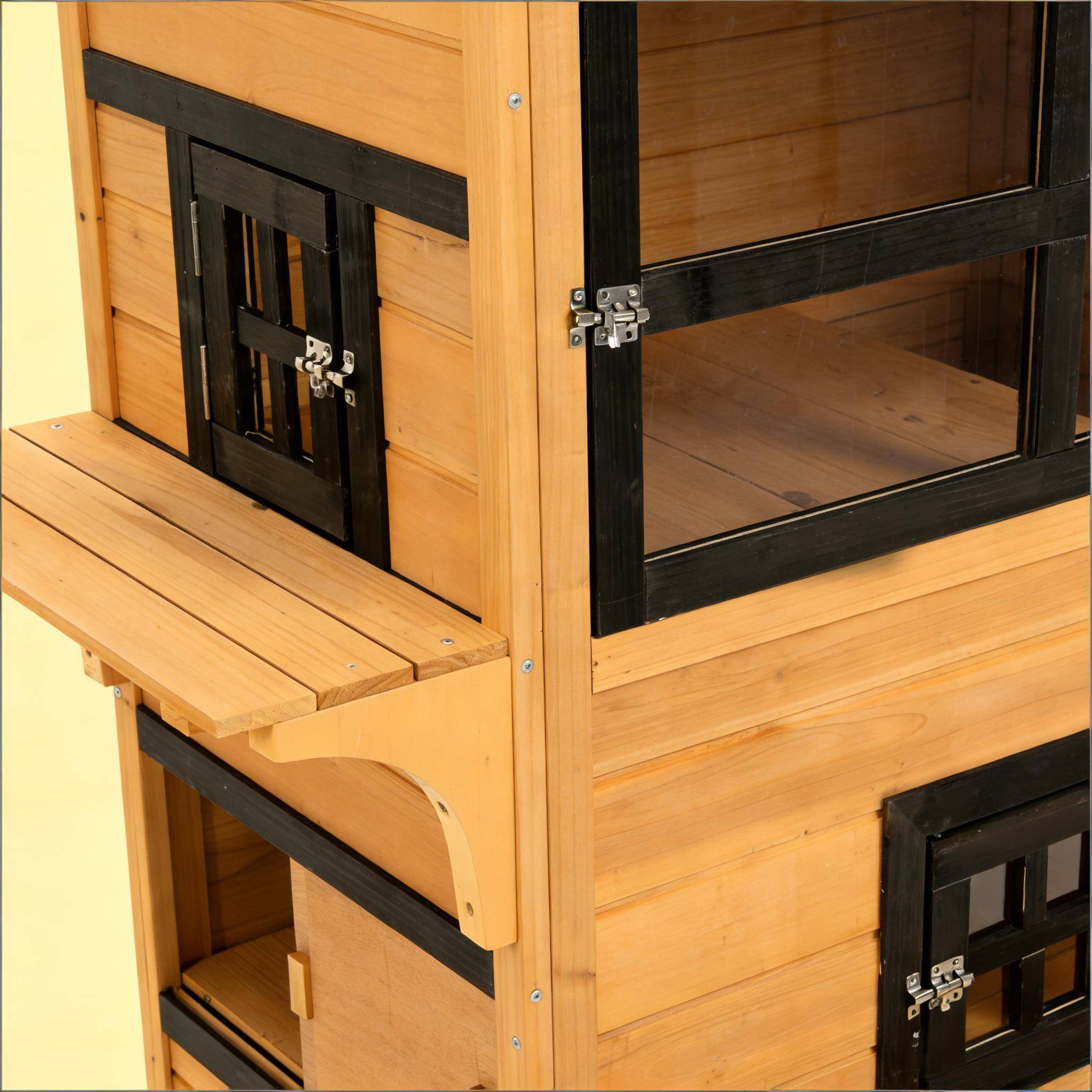 Left. Siljoy - Outdoor Cat House with 5 Doors, Asphalt Roof & Jump Holes, Durable Fir Wood Cat Condo.