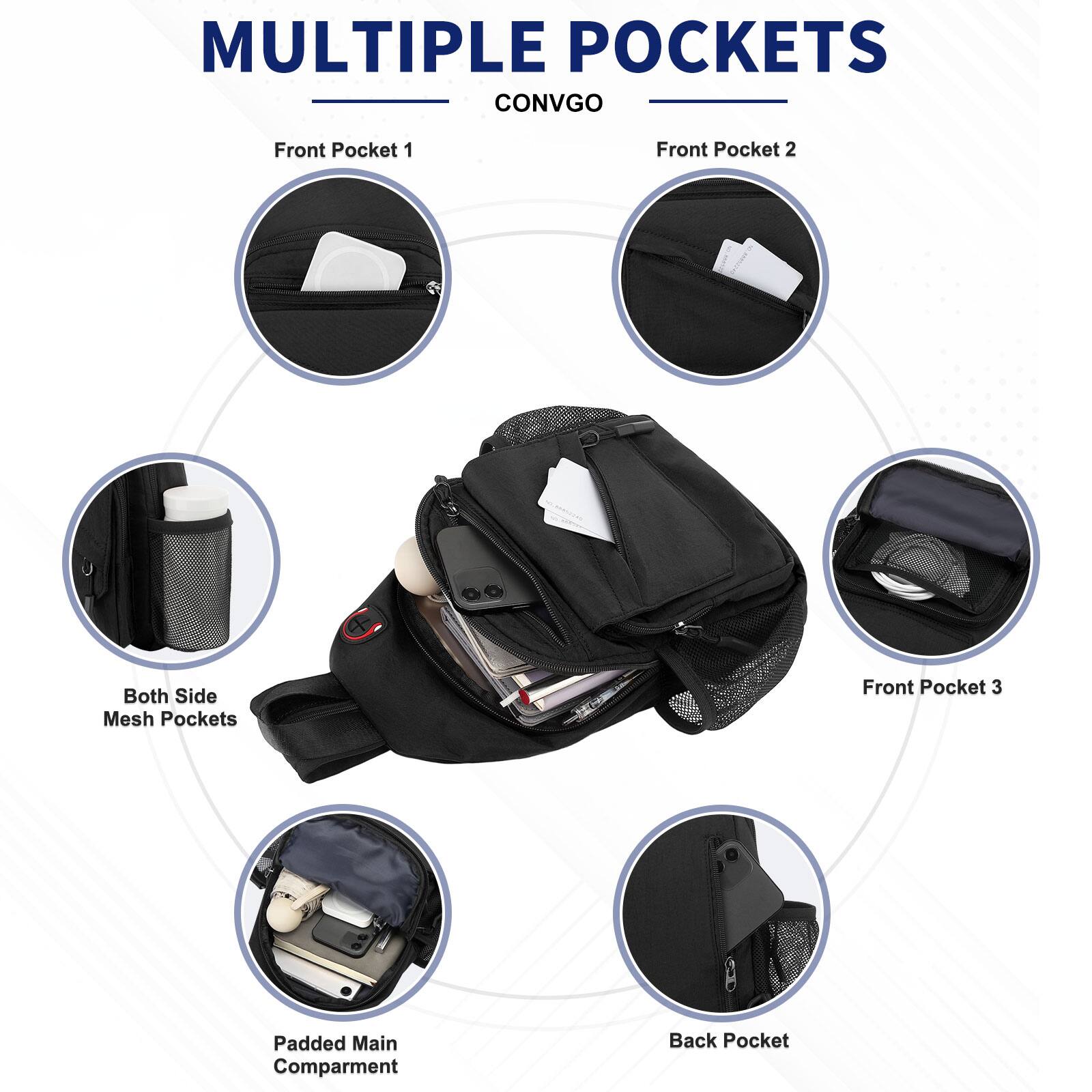 MULTIPLE POCKETS  
CONVGO

- Front Pocket 1
- Front Pocket 2
- Both Side Mesh Pockets
- Front Pocket 3
- Padded Main Compartment
- Back Pocket