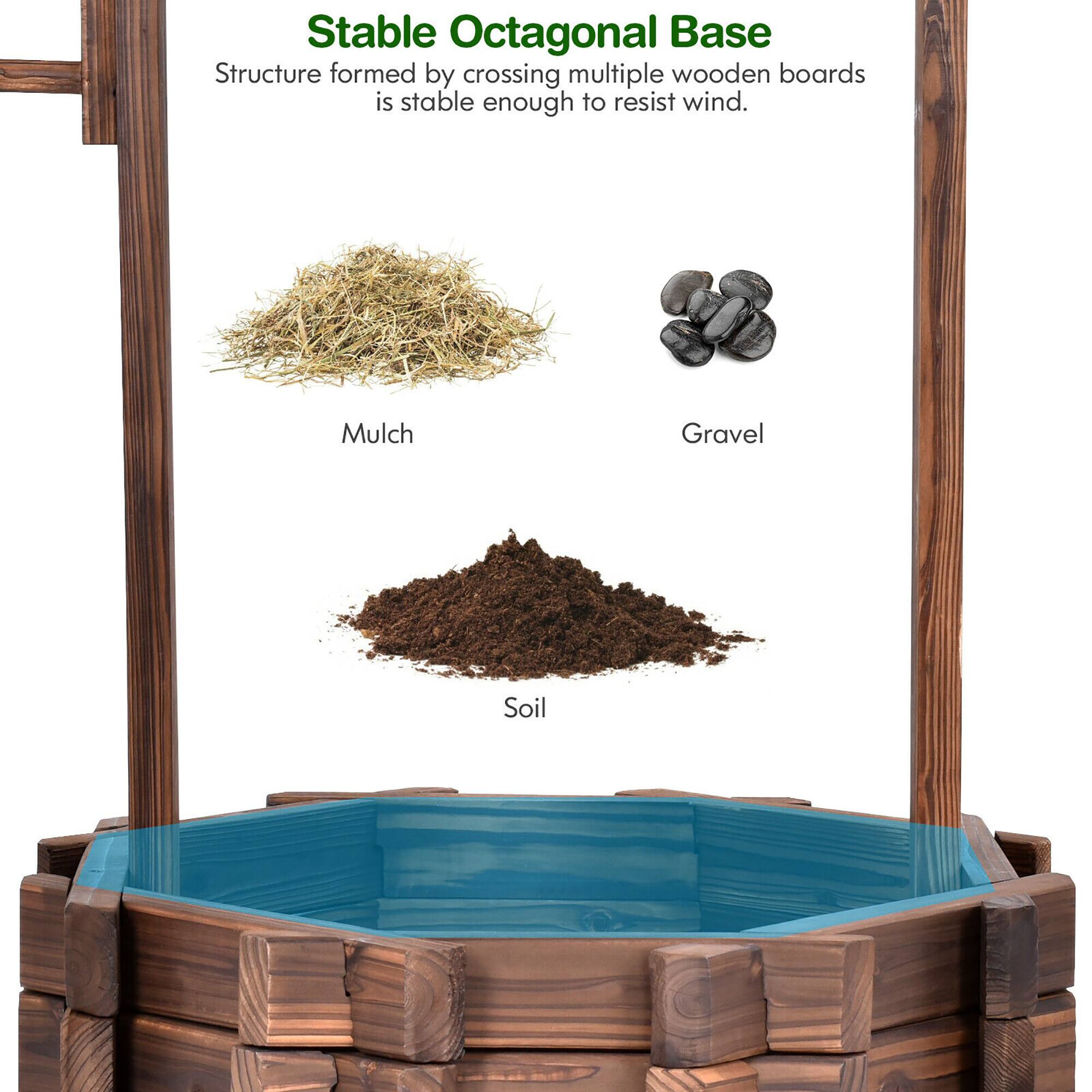 Stable Octagonal Base Structure formed by crossing multiple wooden boards is stable enough to resist wind. Mulch, Gravel, Soil.