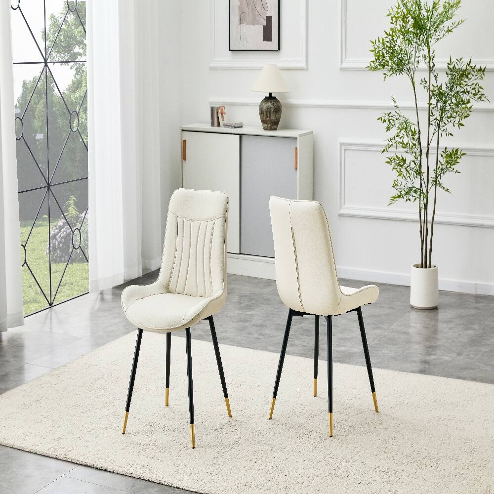 Angle. Loheer - Loheer White Dining Chairs Set of 2 Tech Fabric Upholstered High Back Modern Chairs with Black Metal Legs Gold Trim - White.